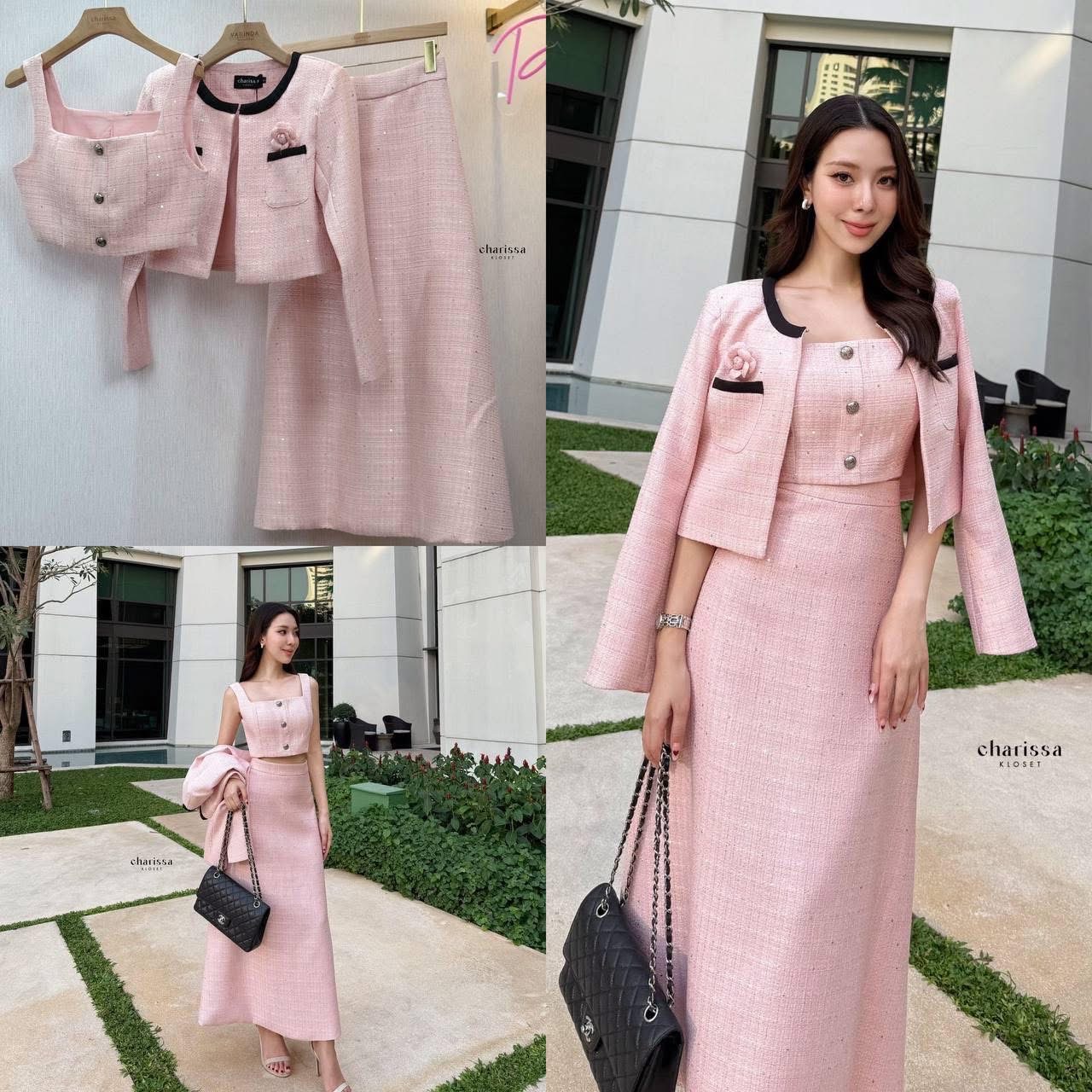 Set 4 ชิ้น เสื้อคลุม+ เสื้อครอปสั้น+ กระโปรงยาวเอวสูง +เข็มกลัดดอกไม้ ใส่สบาย : สินค้าคุณภาพ (พร้อมส่ง)