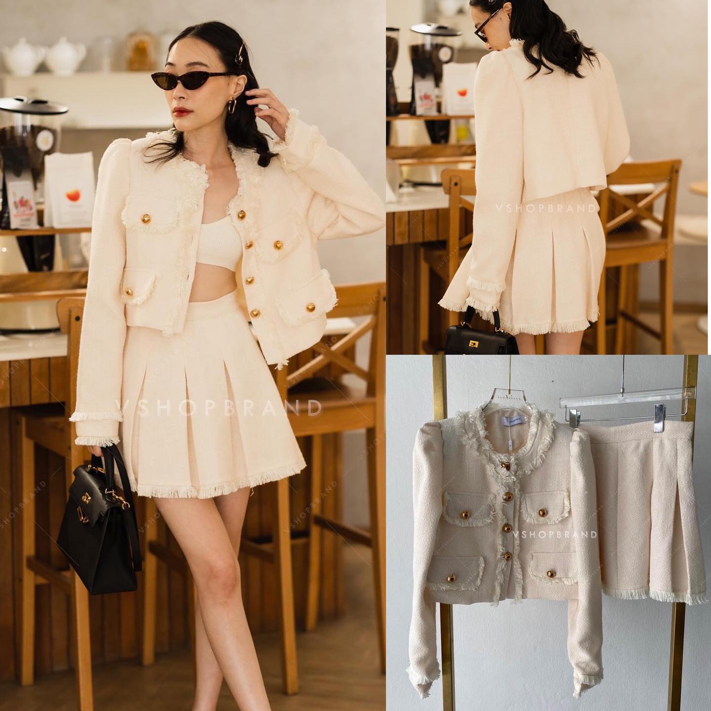 Set เสื้อผ้าทวิต ขอบรุ่ย + กระโปรงจับจีบ : สินค้าคุณภาพ (พร้อมส่ง)