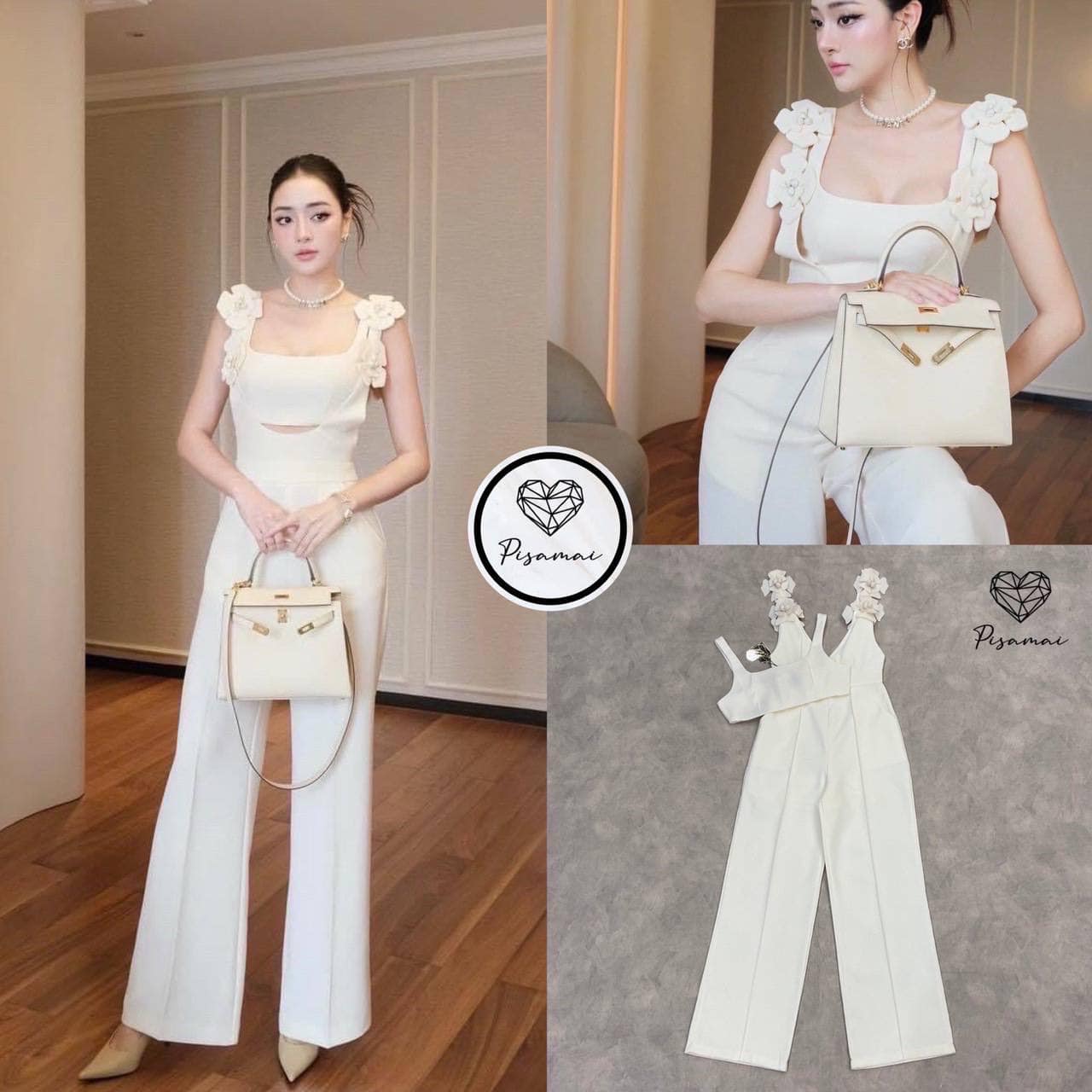 จั้มสูทขายาวแต่งดอกไม้3Dช่วงเเขน มาคู่กับเสื้อคอปตัวสั้นแยกชิ้น เว้าเอวนิดๆ แต่งดอกไม้ 3D ช่วงแขนเรียบ หรู ดูแพง ใส่สบาย : สินค้าคุณภาพ (พร้อมส่ง)