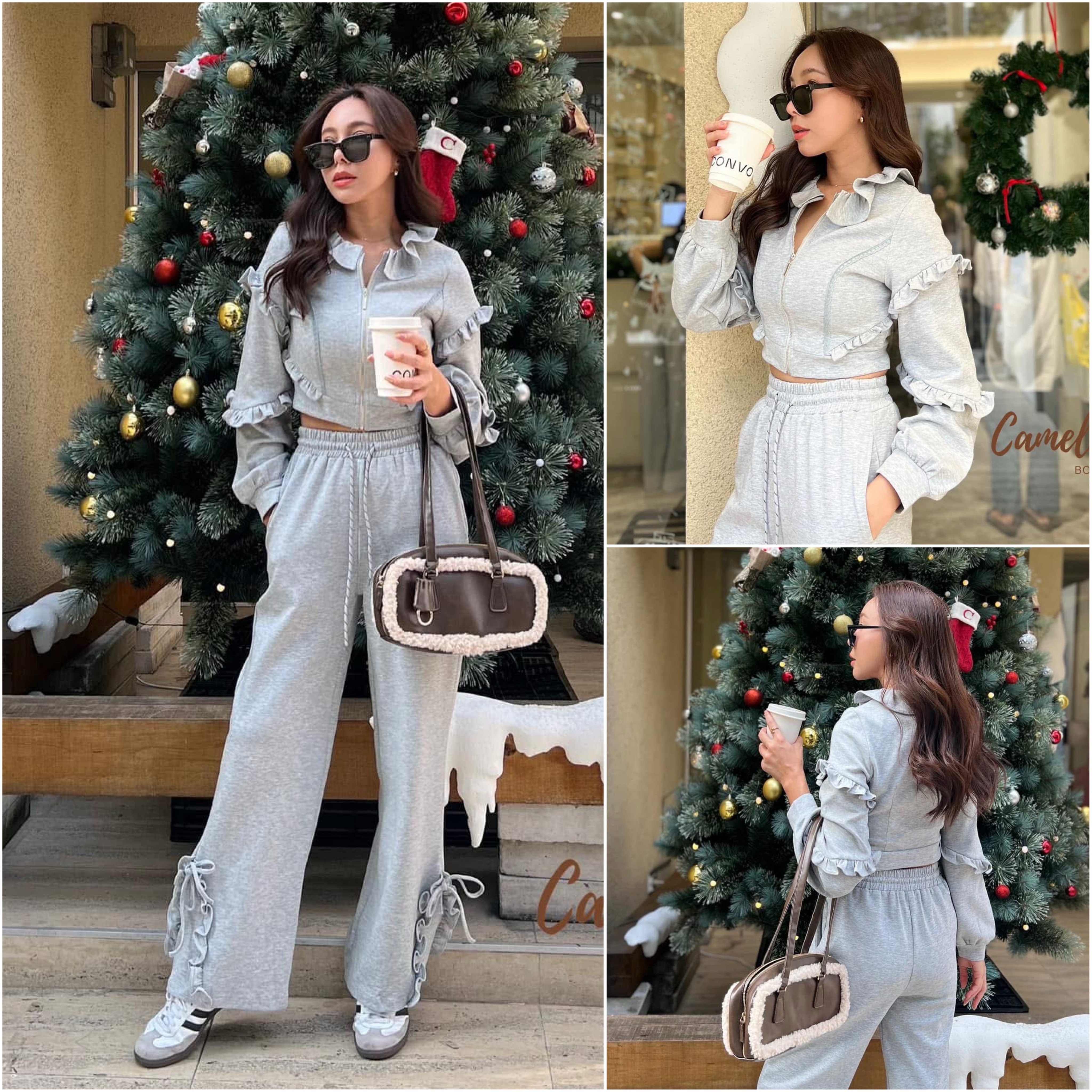 ชุดวอมผ้ายืดเนื้อนิ่ม เสื้อคอระบายๆ แขนยาว แต่งระบาย มาพร้อมกางเกงขายาวปลายขา ผูกโบ ใส่สบาย : สินค้าคุณภาพ (พร้อมส่ง)