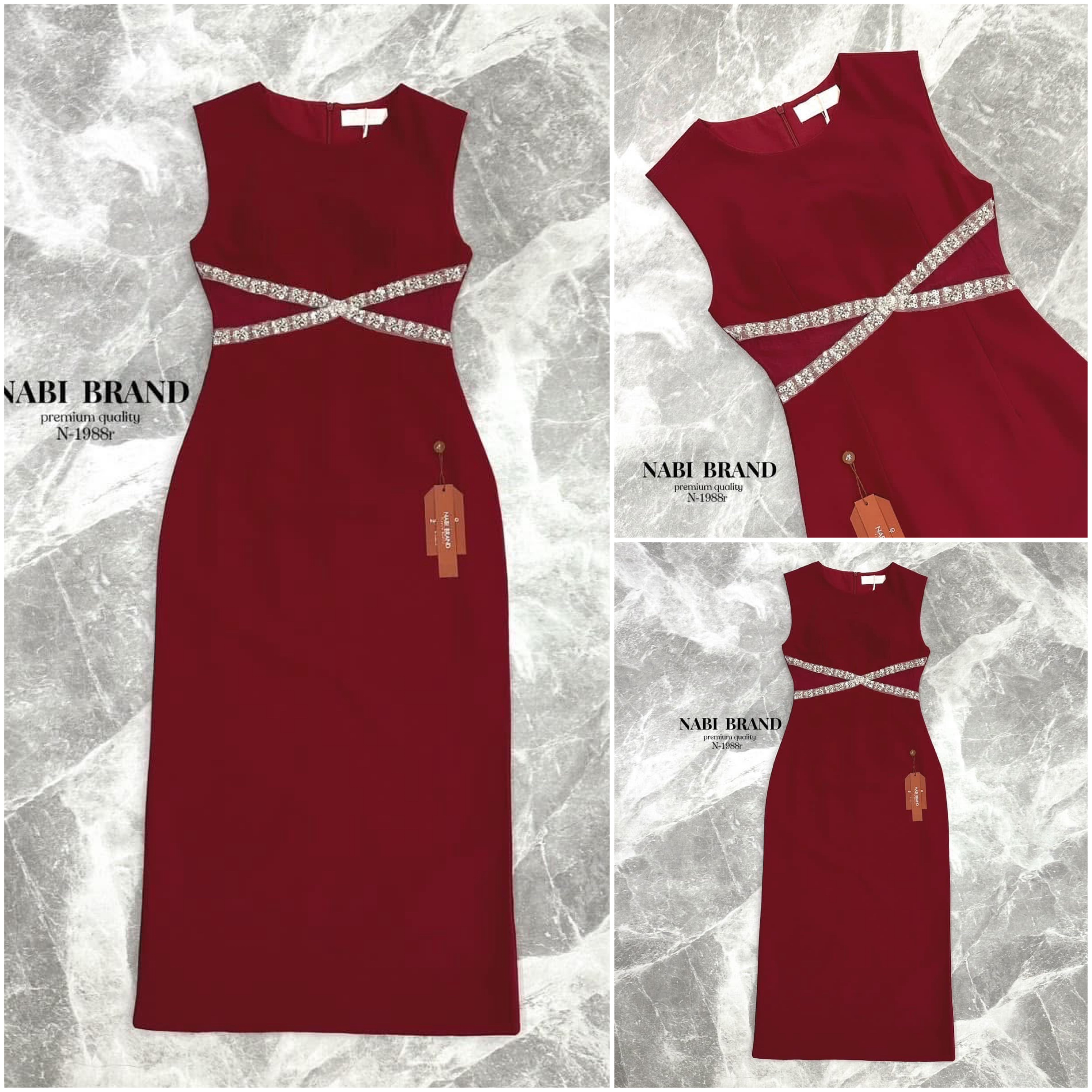 เดรสยาวแขนกุดสีแดงไวน์ หรูหรารับเทศกาลแดงฉ่ำ แต่งซีทรู และเพชรไขว้ที่เอว เดรสผ่าหลัง ใส่สบาย : สินค้าคุณภาพ (พร้อมส่ง)