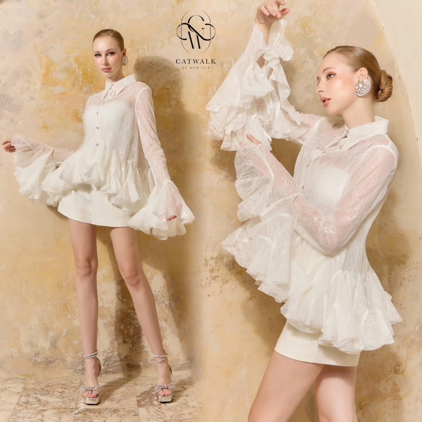 เสื้อเชิ้ตเทหลังผ้าลูกไม้ซีทรูปักแต่งเลื่อม เนื้อผ้าลูกไม้ซีทรูเกรดเอ ใส่สบาย : สินค้าคุณภาพ (พร้อมส่ง)