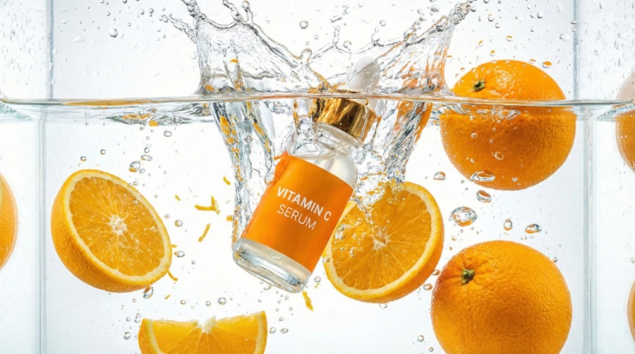 ขวดเซรั่มวิตามินซีท่ามกลางสายน้ำและผลส้มสดชื่น สื่อถึงพลังธรรมชาติที่ไม่กัดผิว