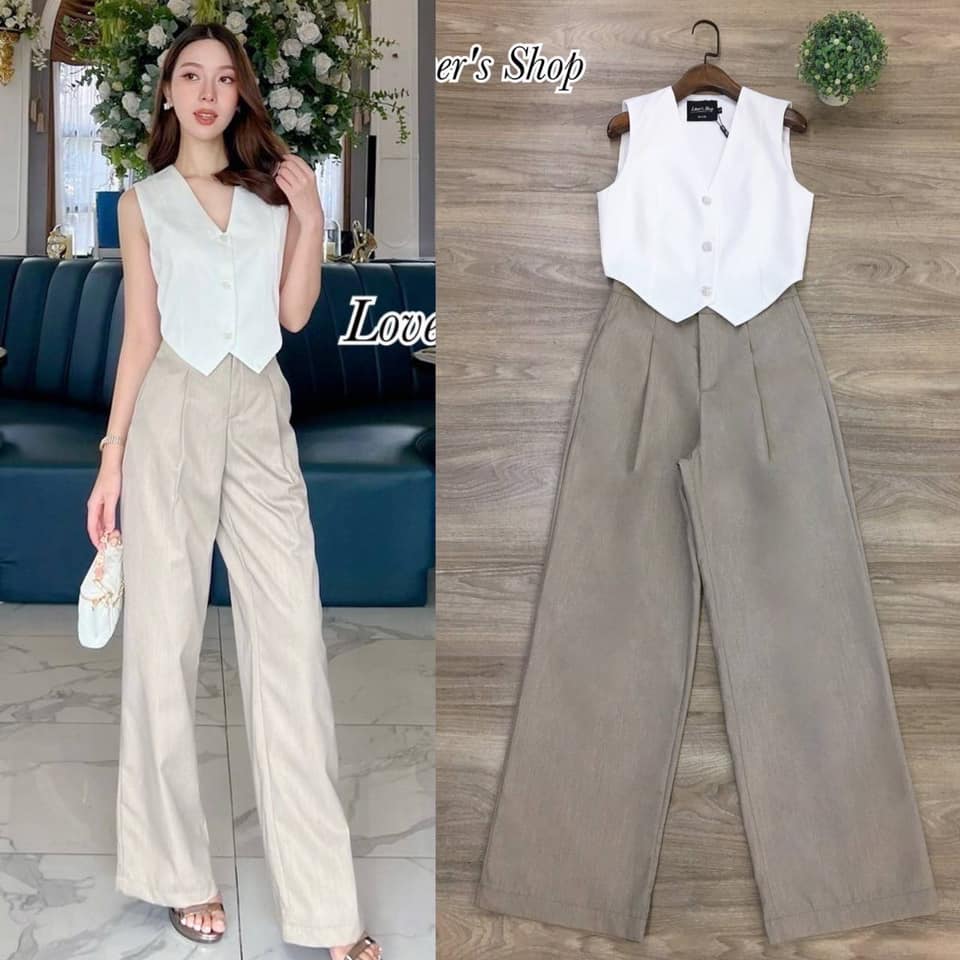 Set.2ชิ้น ลุคเรียบหรูดูผู้ดี เสื้อกั๊กทรงเข้ารูปมีซับใน แต่งกระดุมเพชร มาพร้อมกางเกงเอวสูงผ้าหนาอัดกาวมีซับใน ใส่สบาย สินค้าคุณภาพ (พร้อมส่ง)