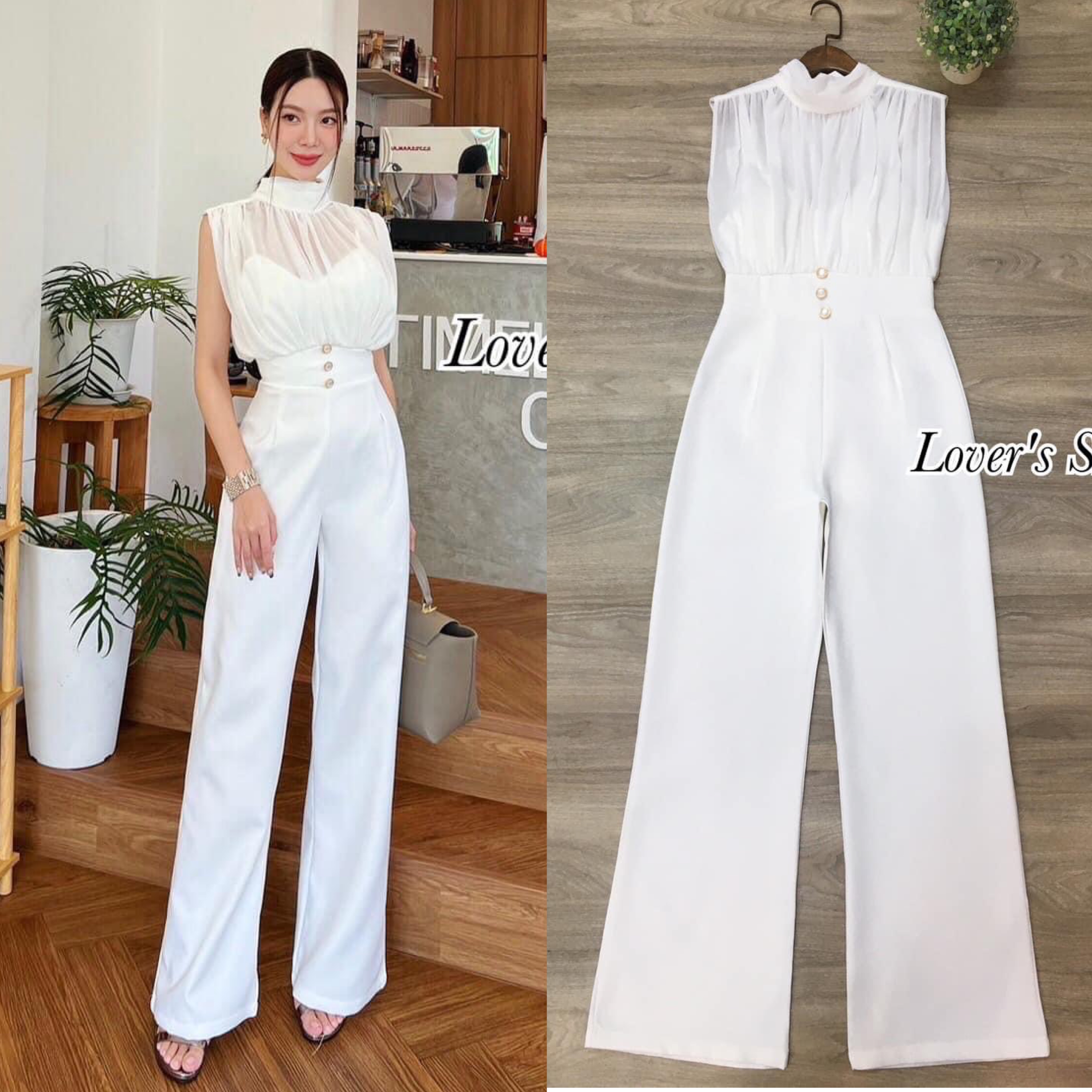 จั้มสูทกางเกงขายาว ช่วงเสื้อเป็นผ้าชีฟองนุ่มๆ ช่วงอกทำซับใน อกมีเสริมฟองน้ำกางเกงทรงขากระบอกกลาง ใส่แล้วดูขายาว สินค้าคุณภาพ (พร้อมส่ง)