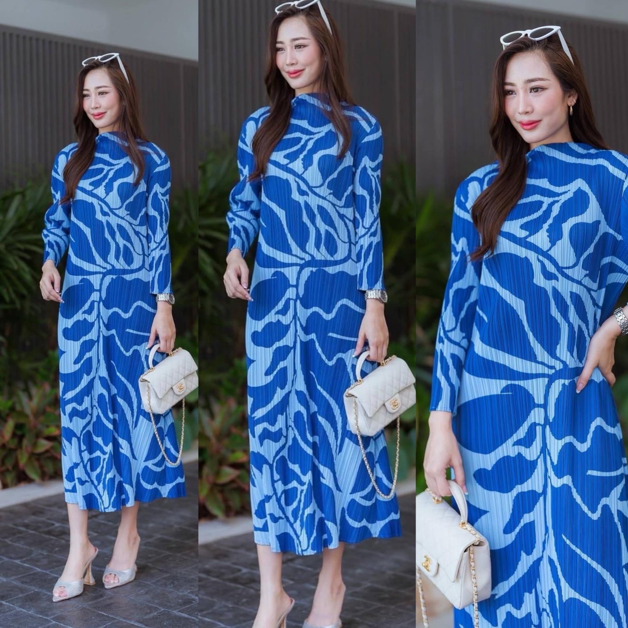 แม็กซี่เดรสตัวยาว ทรงแขนยาว คอปีน แพทเทิร์นอัดพลีทเข้าเคิร์ฟ ทรง A สวย Premium ใส่สบาย สินค้าคุณภาพ (พร้อมส่ง)