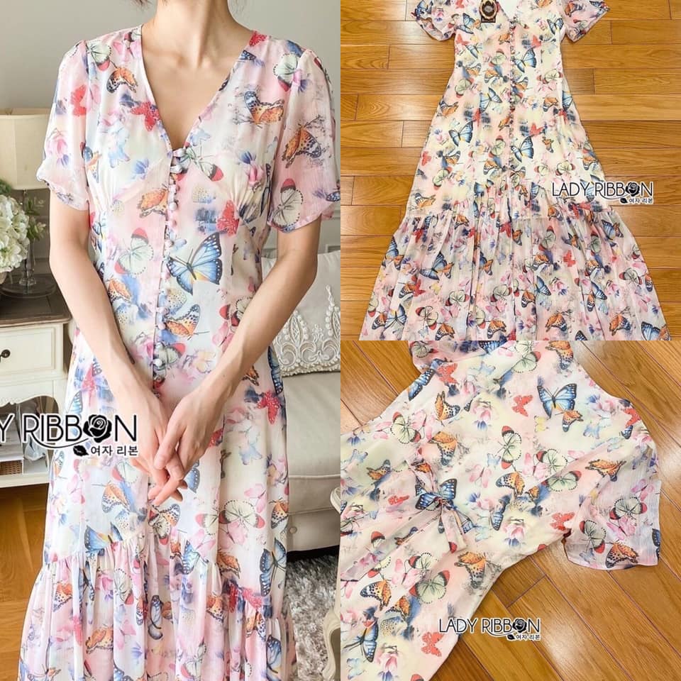 เดรสผ้าชีฟอง คอวี พิมพ์ลายผีเสื้อด้วยโทนสีสดใส สินค้าคุณภาพ (พร้อมส่ง)