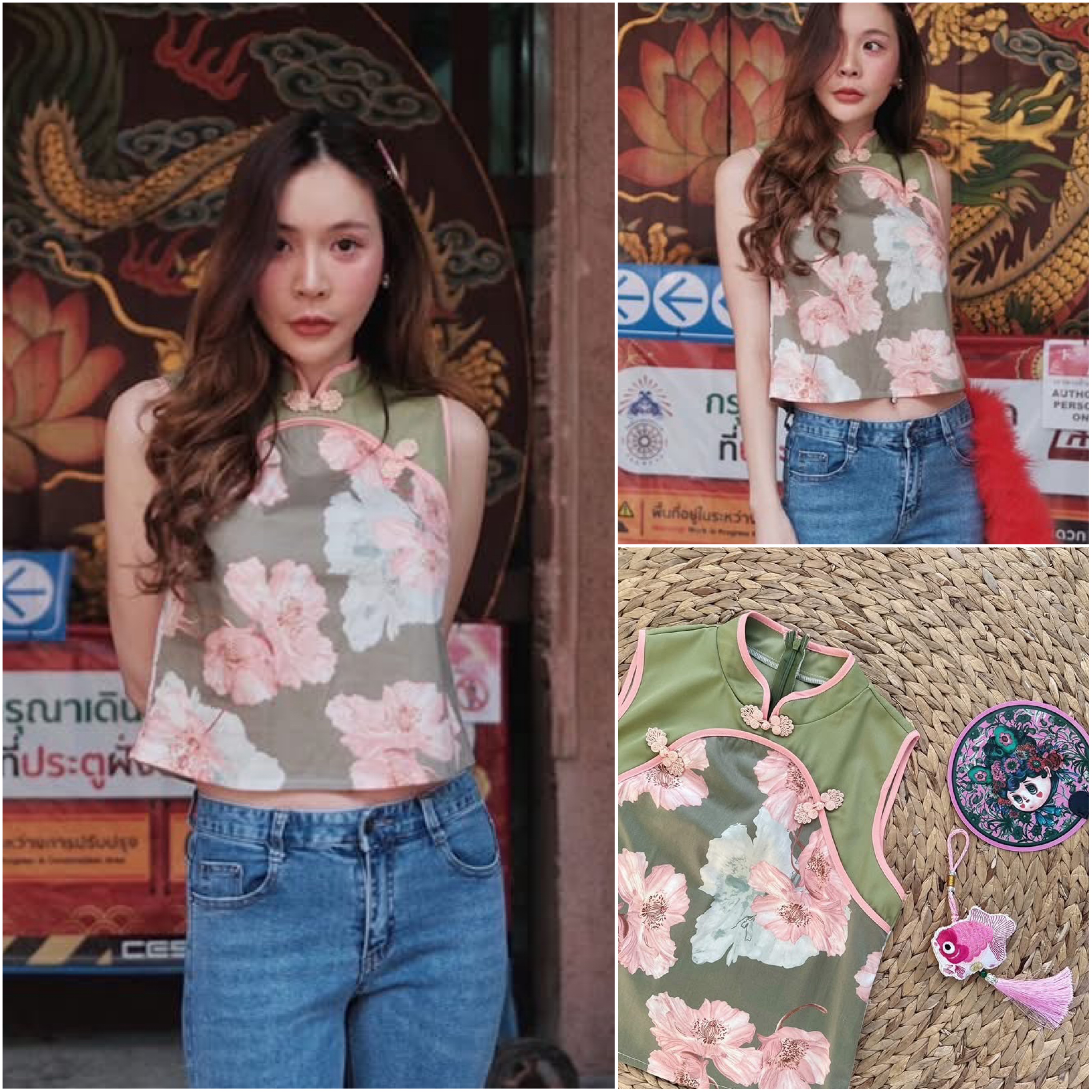 เสื้อคอจีน แขนกุด ลายลายผ้าคือสวยมากๆคัทติ้งเป๊ะ ใส่สบาย : สินค้าคุณภาพ (พร้อมส่ง)