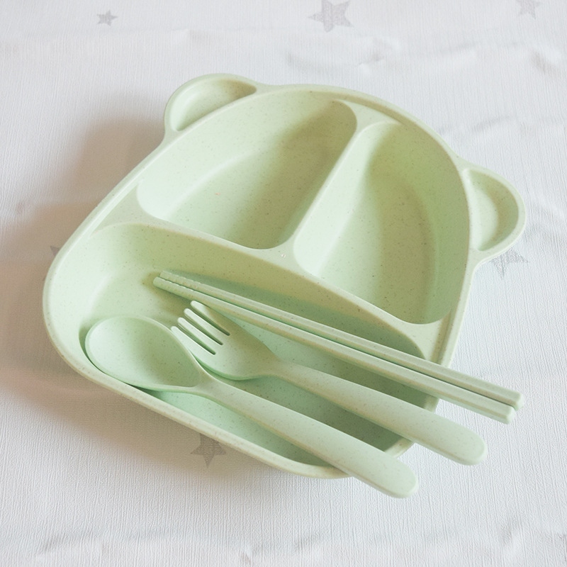 ถาดหลุมเด็กรูปหมี ชุดจานข้าวเด็กพร้อมช้อนส้อมและตะเกียบ จากฟางข้าวสาลี BPA-Free ปลอดสารพิษ