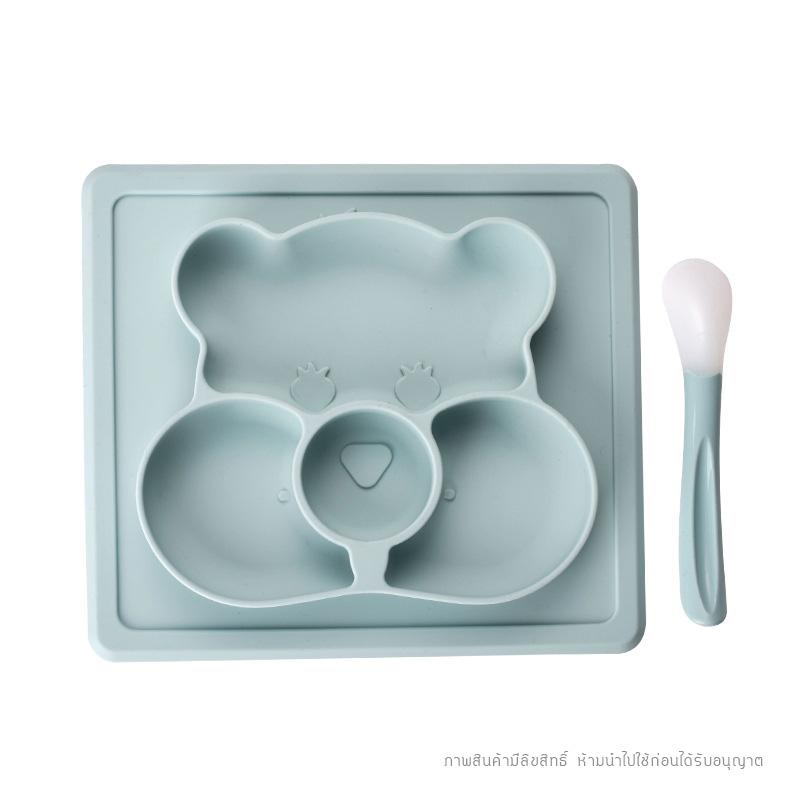 จานถาดอาหารซิลิโคนหมีน้อย พร้อมช้อนซิลิโคน NanaBaby