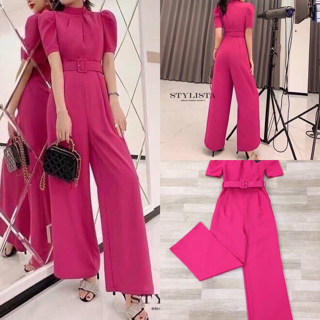 จั้มสูทเเขนสั้น คอปีน ขายาว มีเข็มขัดเข้าชุด ใส่สวยเรียบหรูมาก สินค้าคุณภาพ (พร้อมส่ง)