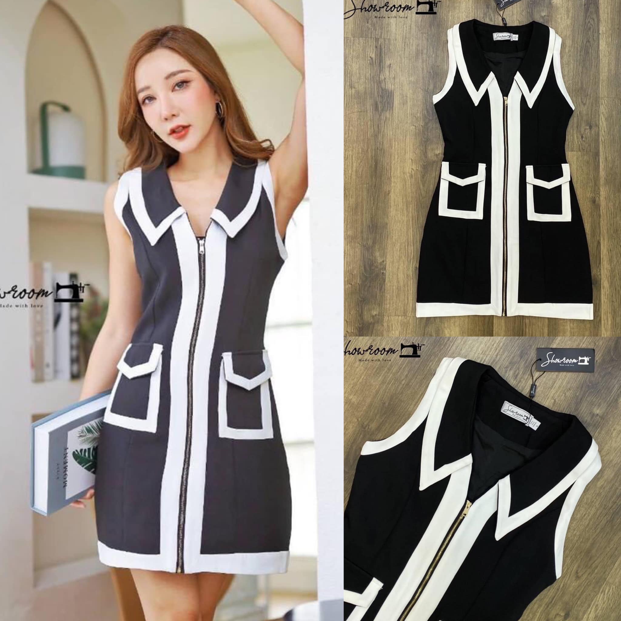 เดรสแขนกุดแต่คอปก ดีเทลซิปด้านหน้าสวมใส่ง่าย แต่งกระเป๋าด้านหน้า สินค้าคุณภาพ (พร้อมส่ง)