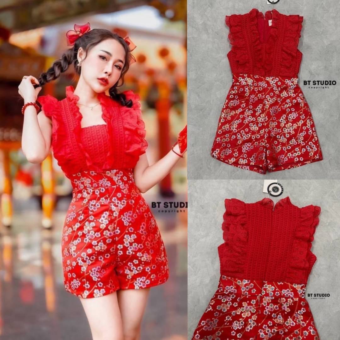 เพลย์สูทขาสั้นช่วงบนแต่งผ้าตาข่าย แต่งระบายลูกไม้ ด้านหลังเป็นผ้าทอลายดอกไม้ หลากสี งานปักแน่น ๆ งานสวย สินค้าคุณภาพ (พร้อมส่ง)