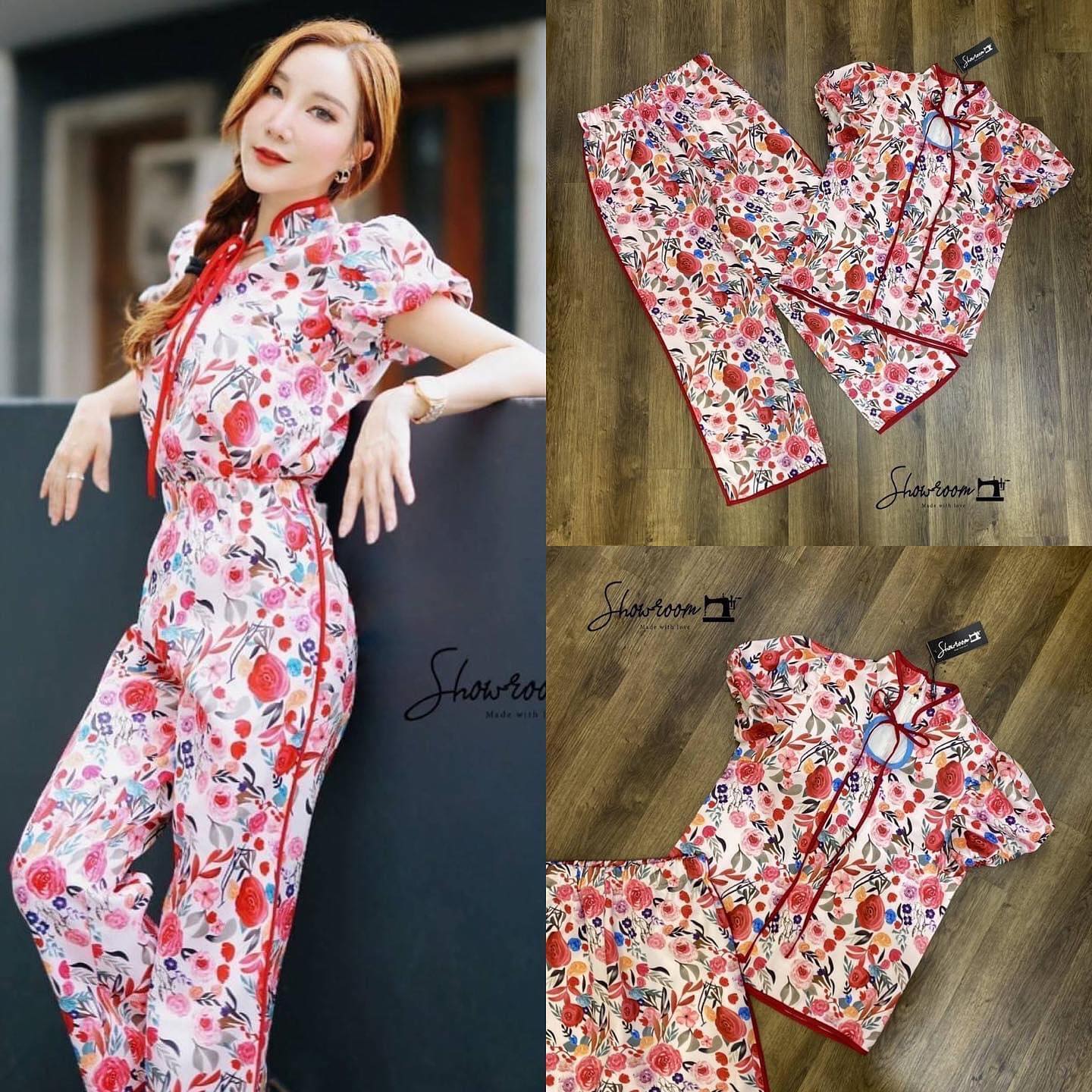 เซ็ตตรุษจีน ดีไซน์โมเดิร์นตามสไตล์ชุดกี่เพ้าเลยค่ะ ตัวเสื้อแขนทรง babie คอจีน มาพร้อมกางเกงขายาวเอวสมอคเข้าเซ็ต : สินค้าคุณภาพ (พร้อมส่ง)