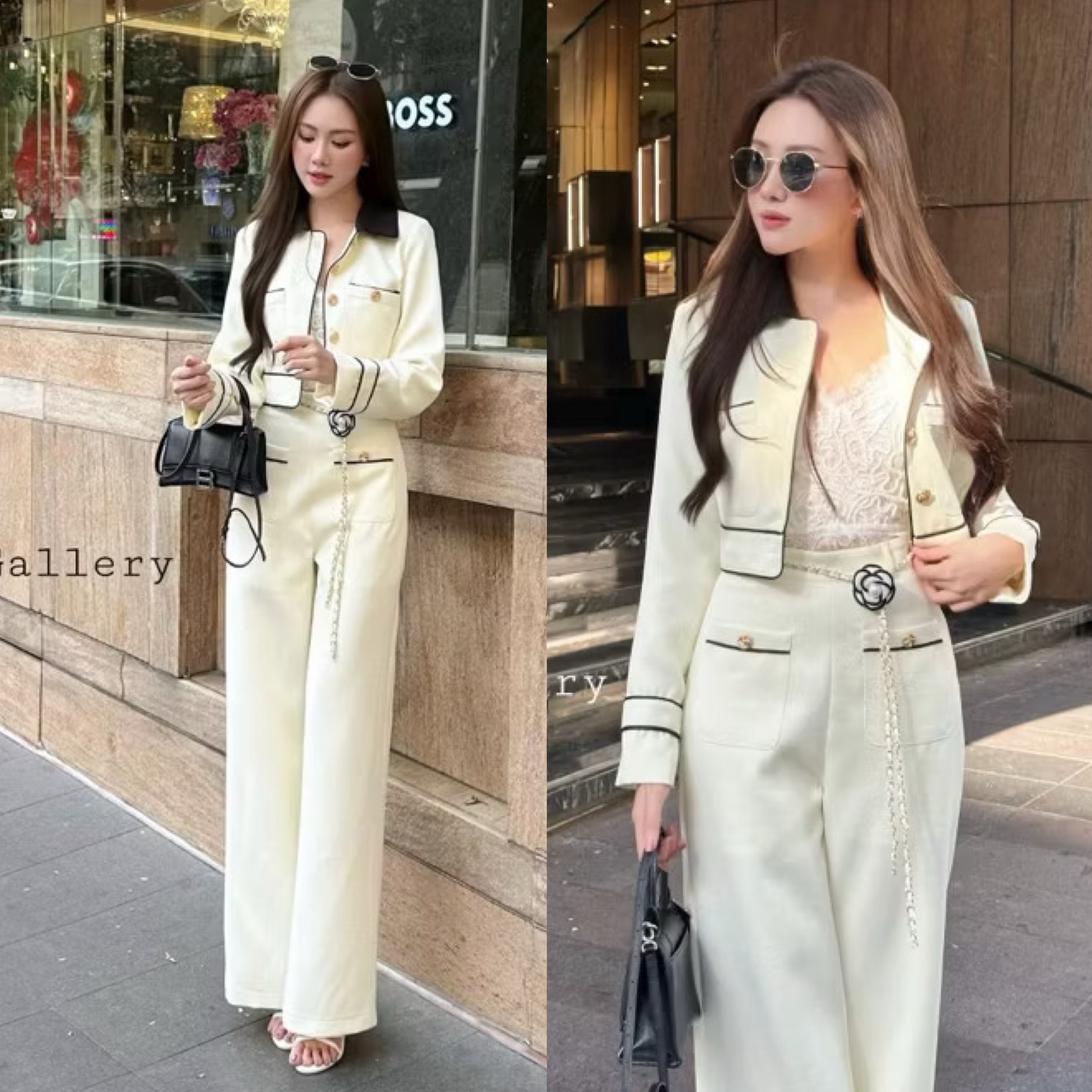 Setชาเนล ตัวแม่หรูหราสุดๆ กับชุดเซ็ต3ชิ้น เสื้อครอปแขนยาวและกางเกงขายาวสุดชิคมาพร้อม เข็มขัดโซ่ดอกไม้ ใส่สบาย : สินค้าคุณภาพ (พร้อมส่ง)