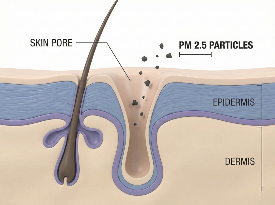 ภาพกราฟิกเปรียบเทียบขนาดรูขุมขนมนุษย์กับอนุภาคฝุ่น PM 2.5 ที่เล็กกว่ามาก