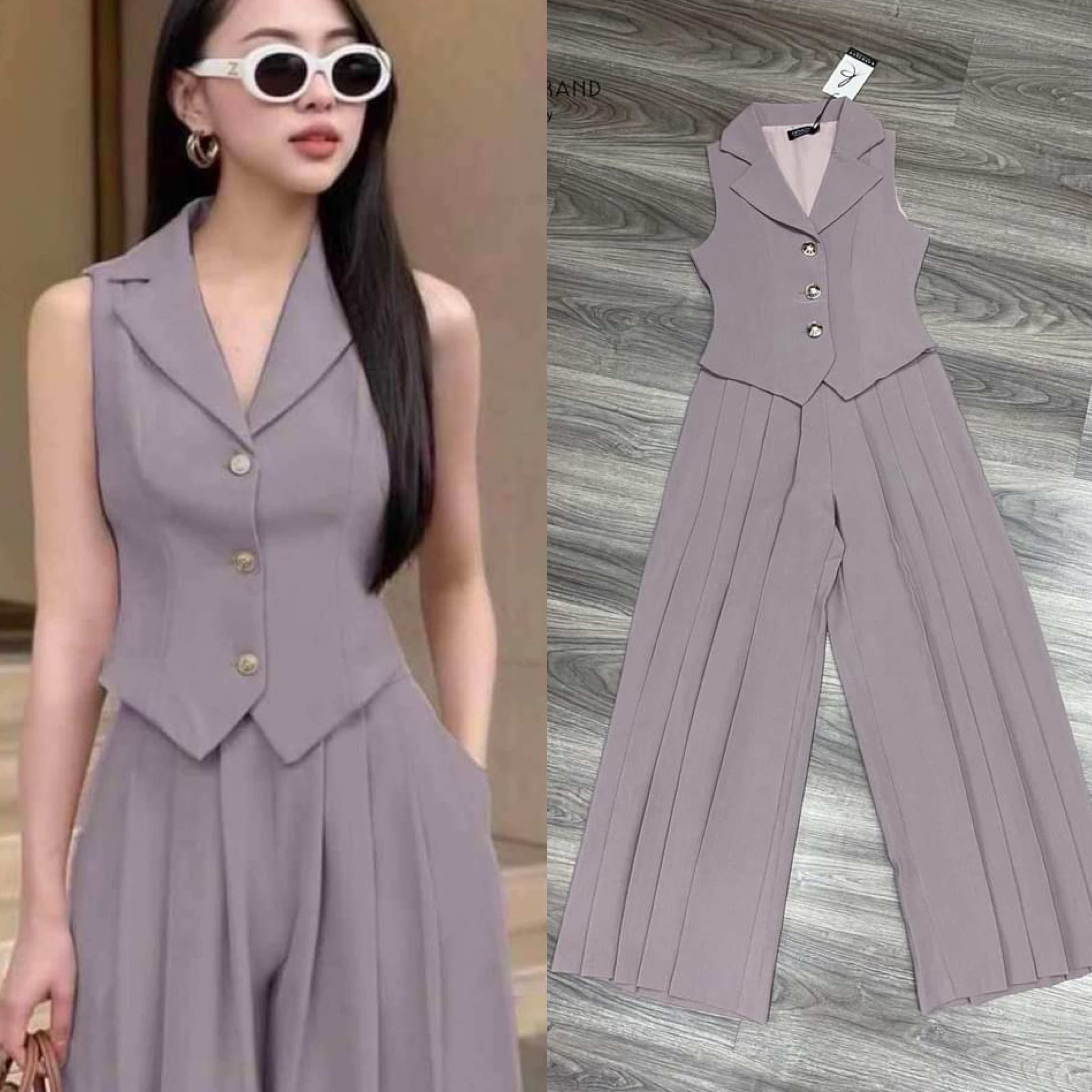 ชุดเซต เสื้อคอปกทรงสูท แขนกุด ทรงพอดีตัว คู่กับกางเกงขายาวทรงสวย แต่งจีบที่กางเกง สวยหรู ใส่สบาย สินค้าคุณภาพ (พร้อมส่ง)