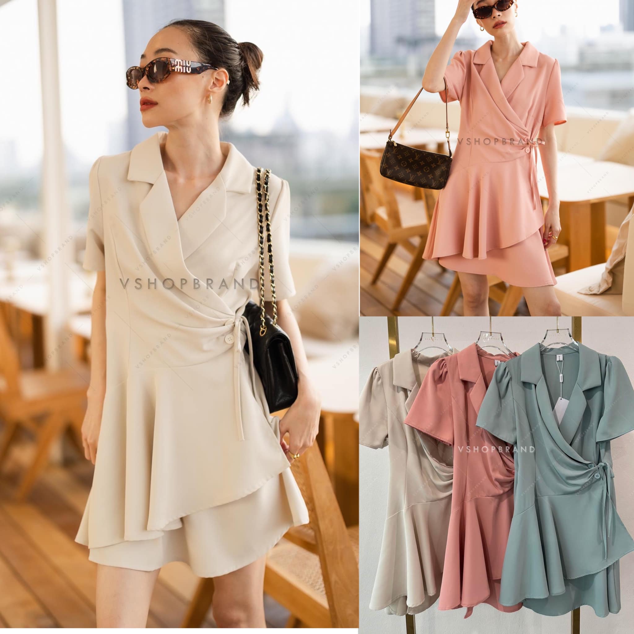 เดรสสคอปกผูกหน้า จับจีบเอว 👍🏻 สินค้าคุณภาพ (พร้อมส่ง)