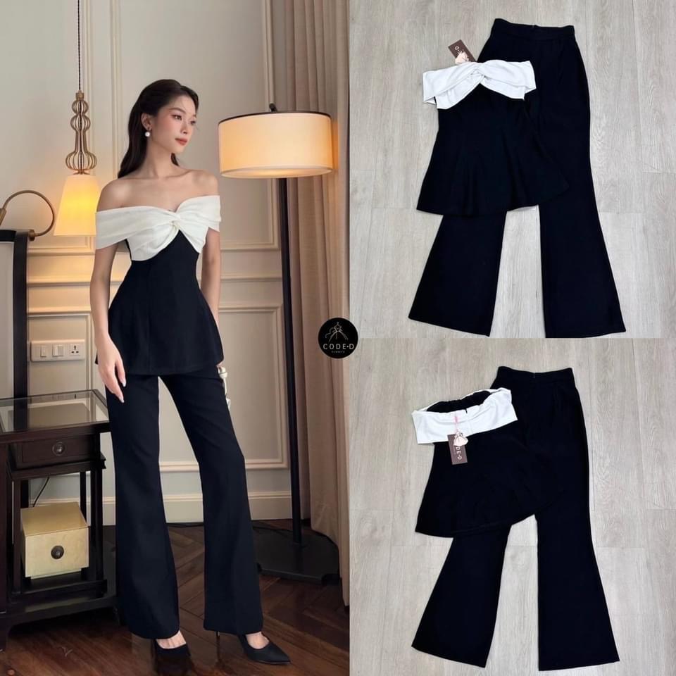 Set 2 ชิ้น สีดำ เสื้อเกาะอกดีเทลปาดไหล่ ทรงเข้ารูปเป๊ะ อกเสริมฟองน้ำ มีซิปหลัง +กางเกงขายาวเอวสูงทรงขาม้า ใส่สบาย สินค้าคุณภาพ (พร้อมส่ง)