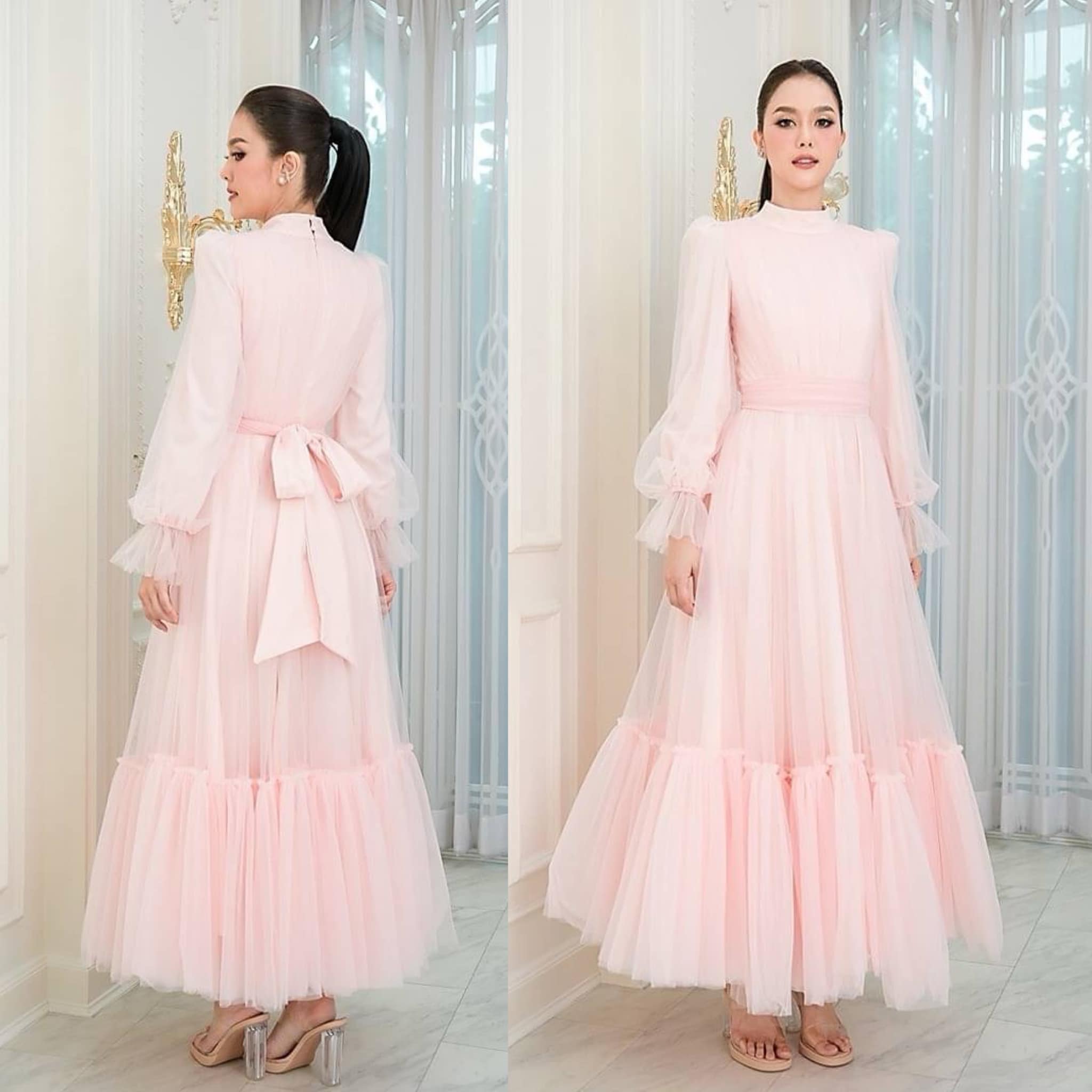 แม็กซี่เดรสเสื้อคอปีนแขนยาว กระโปรงบาน ต่อชายรูดระบายรอบตัว มีโบว์ผูกเอว คัตติ้ง ประณีต ใส่สบาย สินค้าคุณภาพ (พร้อมส่ง)