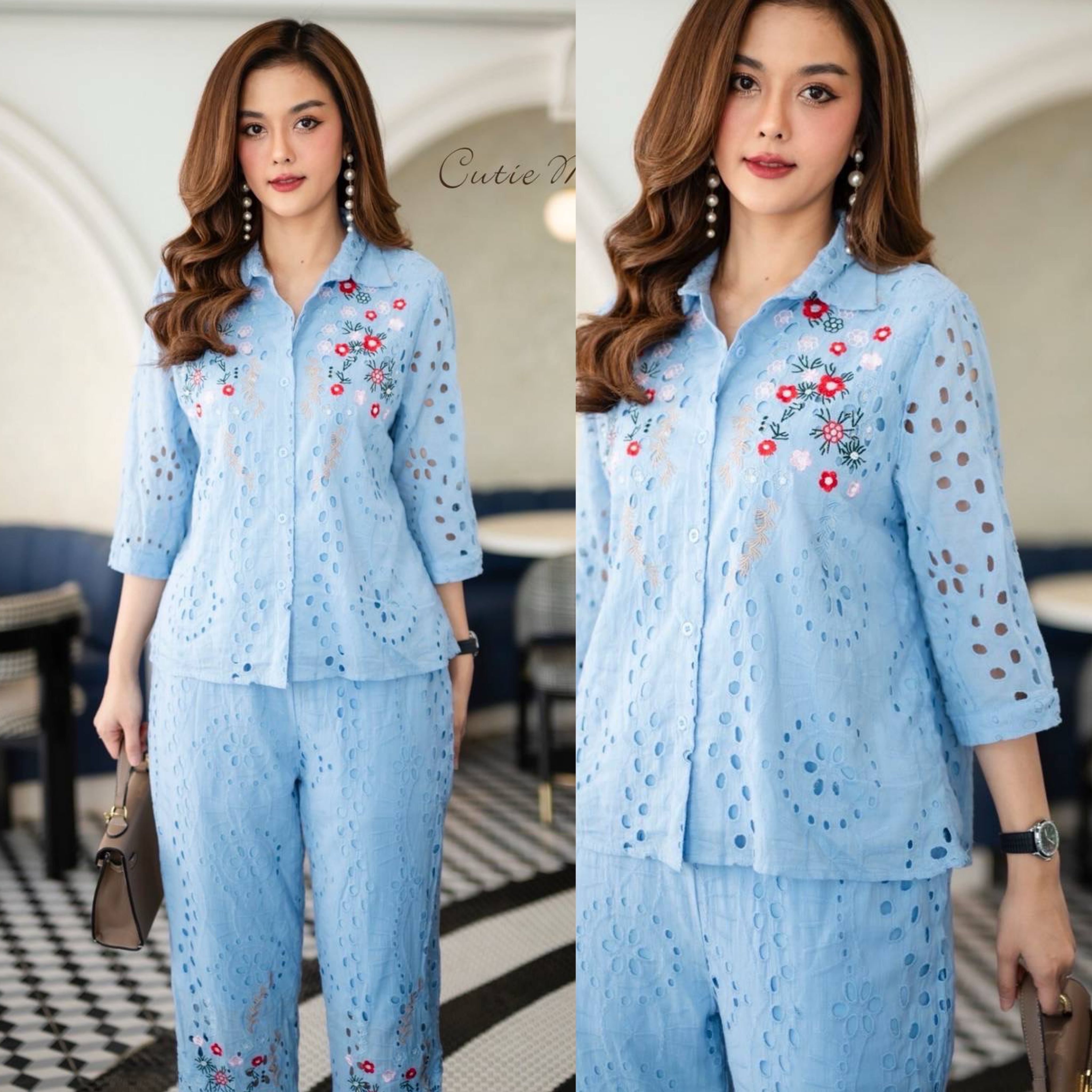 ชุดเซ็ทผ้าป่านปักฉลุ ปักดอกไม้ที่เสื้อและกางเกง เสื้อ-กางเกงมีซับใน ใส่สบาย : สินค้าคุณภาพ (พร้อมส่ง)