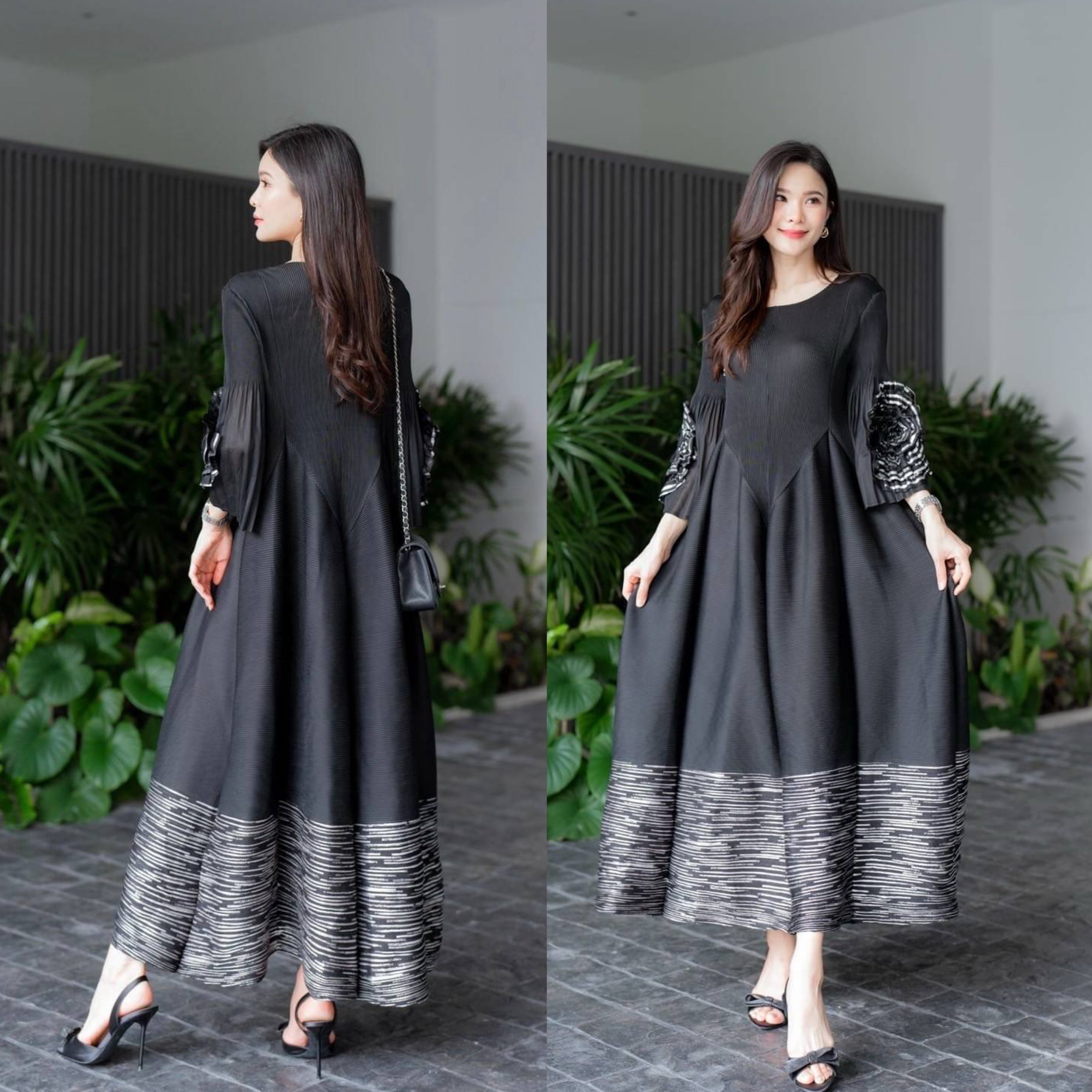 เดรสตัวยาวอัดพลีท คอกลม ทรงแขนตุ๊กตา แต่งพุ่มดอกกุหลาบชายแขน 🌹🌹เกรด Premium 👍🏻 ใส่สบาย : สินค้าคุณภาพ (พร้อมส่ง)