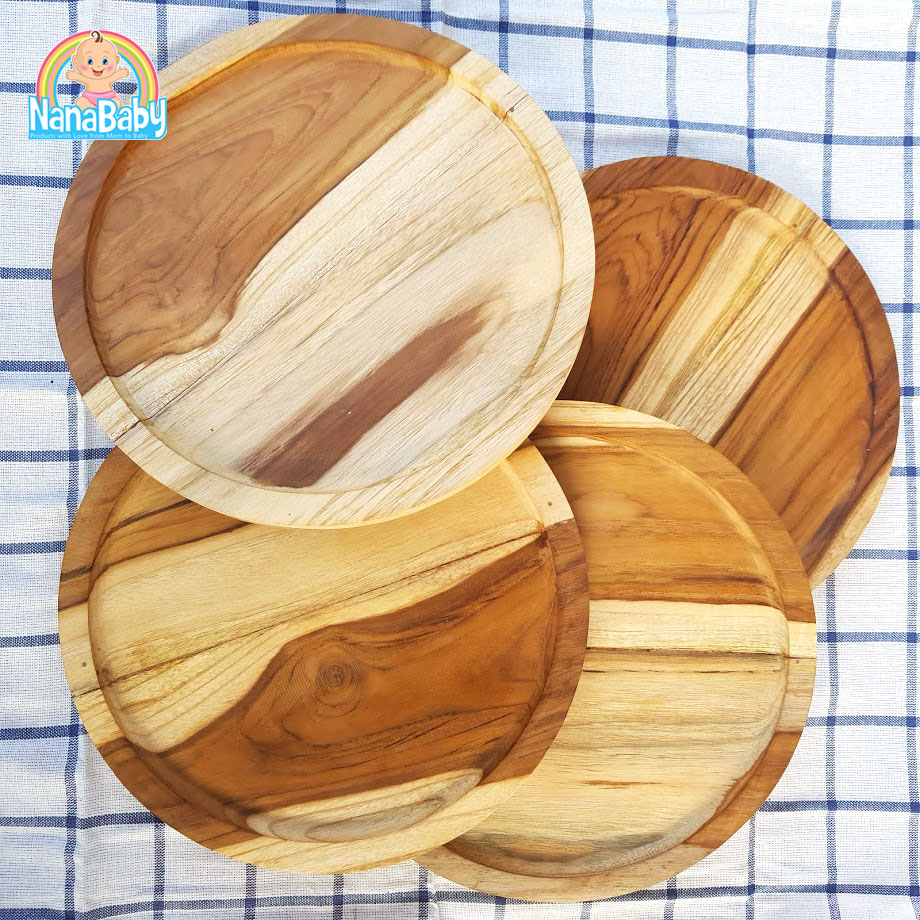 จานไม้กลม จานถาดไม้ จากไม้สักแท้ Food Grade Wood Plate by NanaBaby
