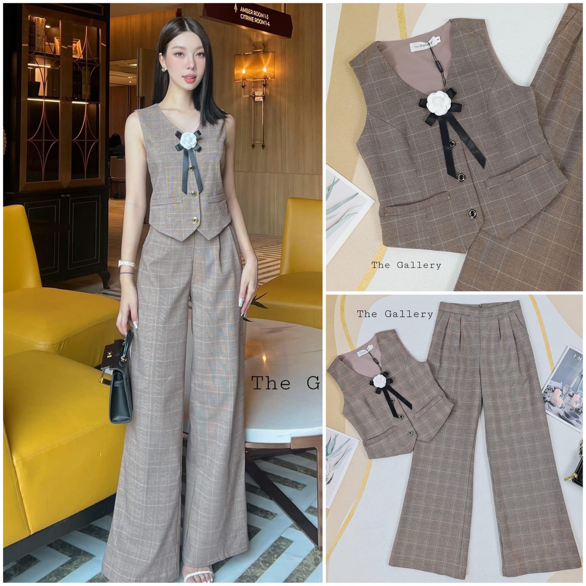 ชุดset3ชิ้น พร้อมเข็มกลัดดอกไม้ เสื้อและกางเกงขายาวลายสก็อต เนื้อผ้าพรีเมี่ยมสุดๆ ใส่สบาย สินค้าคุณภาพ (พร้อมส่ง)