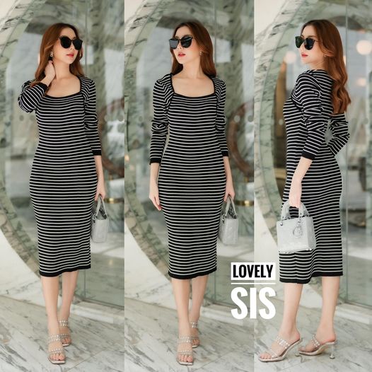 เดรสแขนยาวทอลายริ้วแต่งคอและแขนกุ๊น ขอบเหมือนใส่เสื้อคลุม เก๋มากค่า ผ้า knit ยืดหยุ่นตามตัว ทรงสวยเป๊ะค่า ใส่สบาย สินค้าคุณภาพ (พร้อมส่ง)