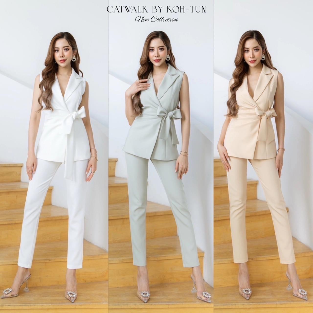 เซตเสื้อสูทแขนกุดผูกโบว์เอว +กางเกงขากระบอกเล็ก เนื้อผ้าสวย เนื้อนุ่ม ใส่สบาย ใส่สบาย สินค้าคุณภาพ (พร้อมส่ง)