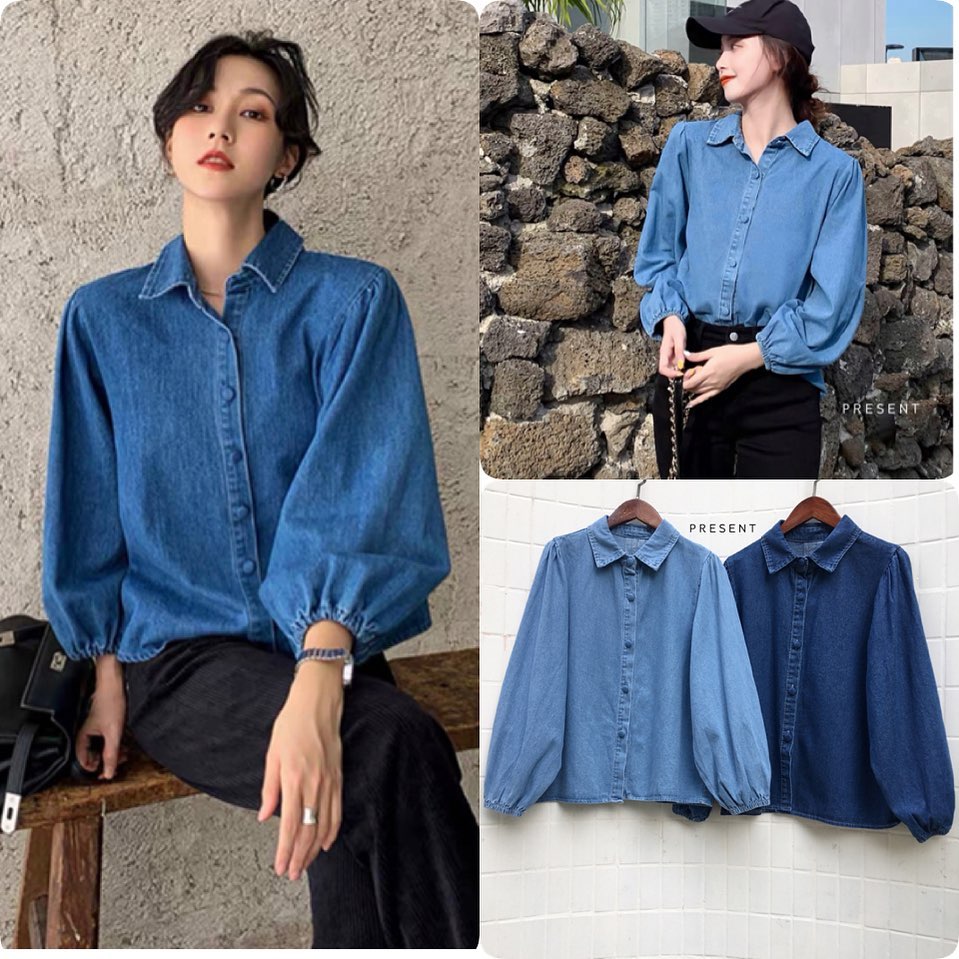 เสื้อยีนส์ สไตล์มินิมอล เรียบๆ แต่เก๋ แขนยาวทรงพอง ปลายแขนจั๊ม : สินค้าคุณภาพ (พร้อมส่ง)