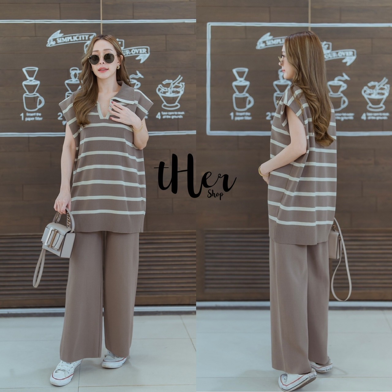 ชุดSet เสื้อไหมพรมแต่งคอปก ลายทาง มาพร้อมกางเกงขายาวทรงปล่อย สามารถ ใส่แยกได้ด้วยน้า ใช้ผ้าเนื้อดี ใส่สบาย : สินค้าคุณภาพ (พร้อมส่ง)