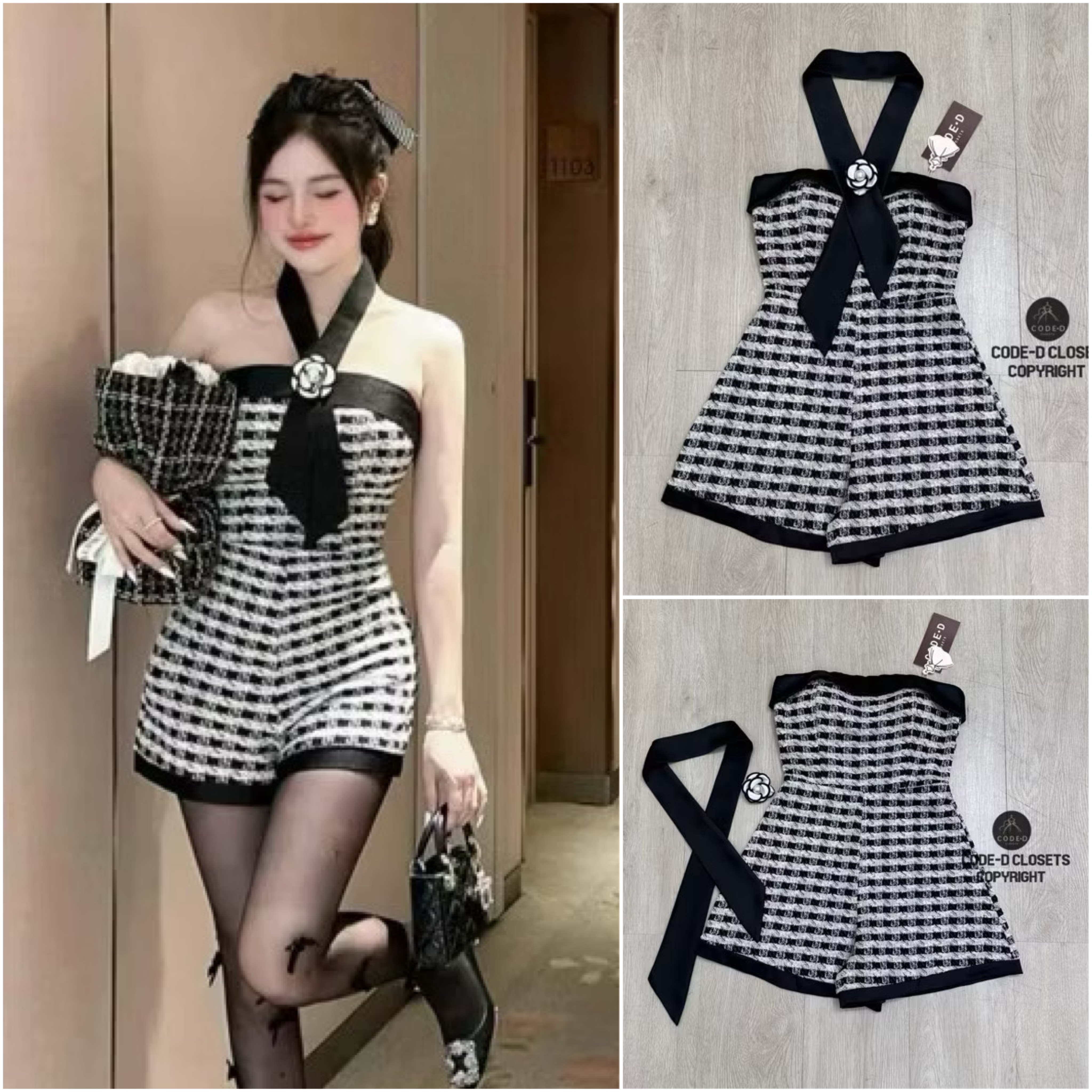 จั้มสูทเกาะอกขาสั้นเนื้อผ้าทอทวีตสีดำ ลายตารางขาวดำผสมดิ้นทองกุ๊นขอบด้วยสีดำ เพิ่มความเก๋ด้วยริบบิ้นยาวใส่คล้องคอ/มีเข็มกลัด ใส่สบาย : สินค้าคุณภาพ (พร้อมส่ง)