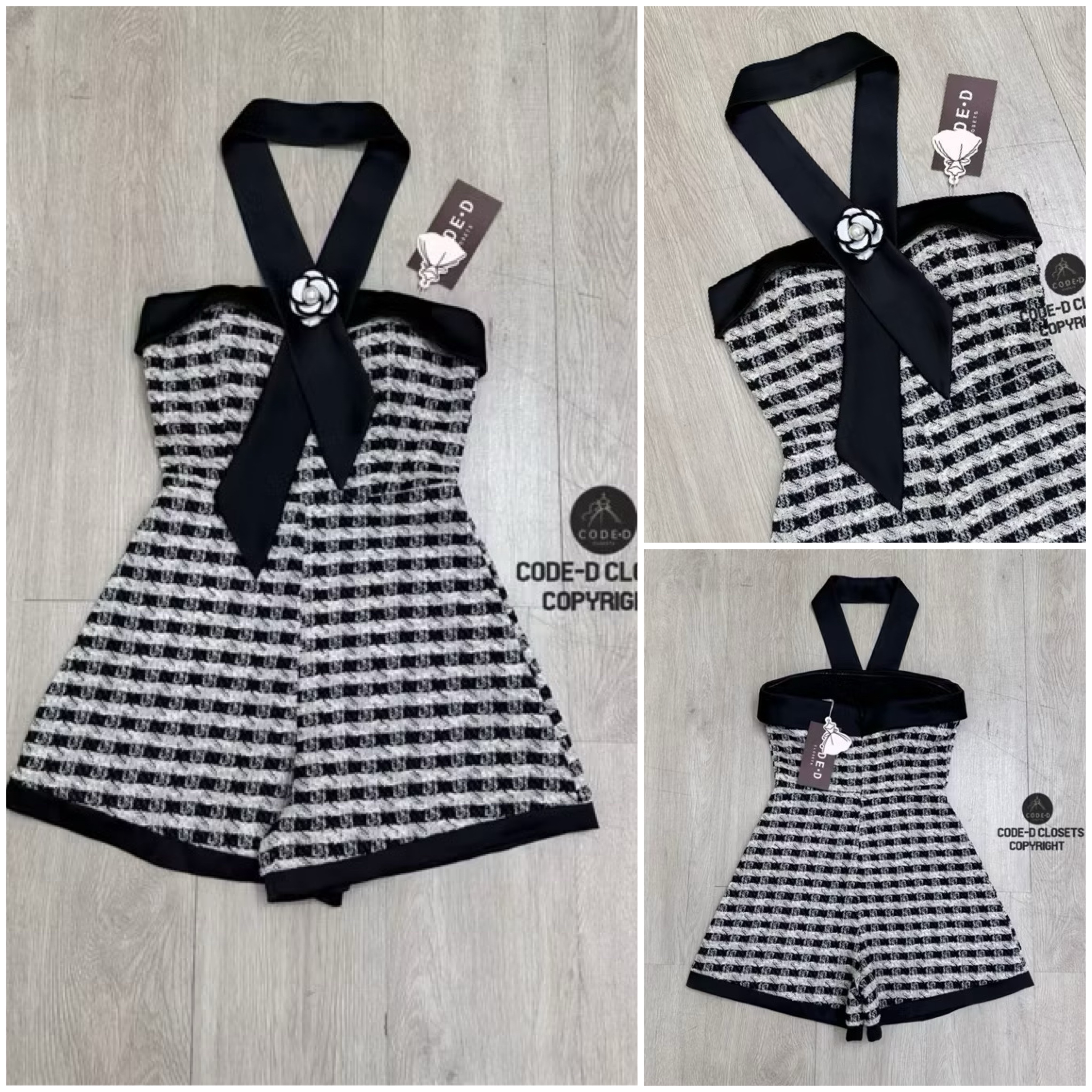 จั้มสูทเกาะอกขาสั้นเนื้อผ้าทอทวีตสีดำ ลายตารางขาวดำผสมดิ้นทองกุ๊นขอบด้วยสีดำ เพิ่มความเก๋ด้วยริบบิ้นยาวใส่คล้องคอ/มีเข็มกลัด ใส่สบาย : สินค้าคุณภาพ (พร้อมส่ง)