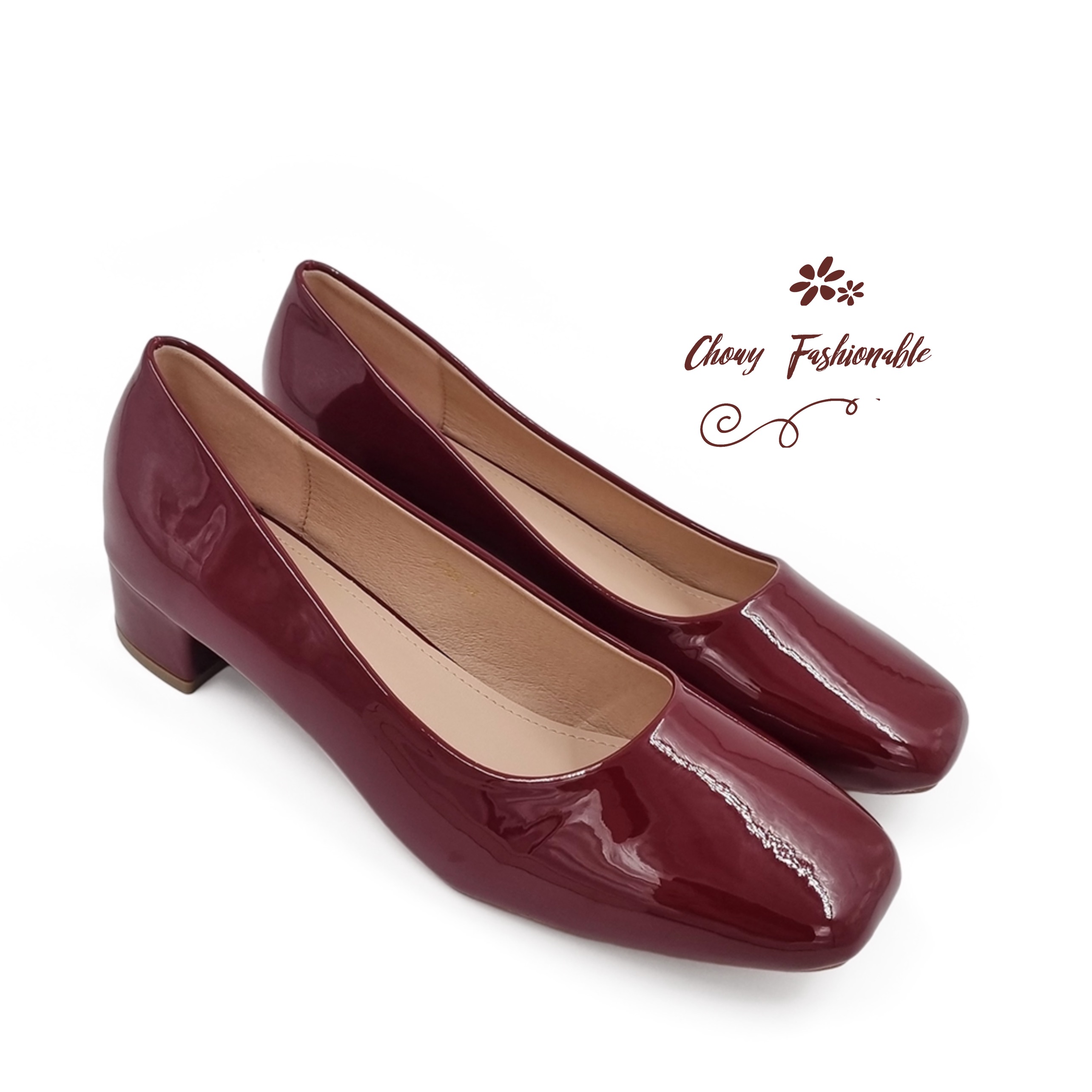 รองเท้าไซส์ใหญ่ 42-43 EU ไซส์ยุโรป ส้นเตี้ยไซส์ใหญ่ หัวตัดเหลี่ยม สีไวน์แดง Chowy KR1068WD