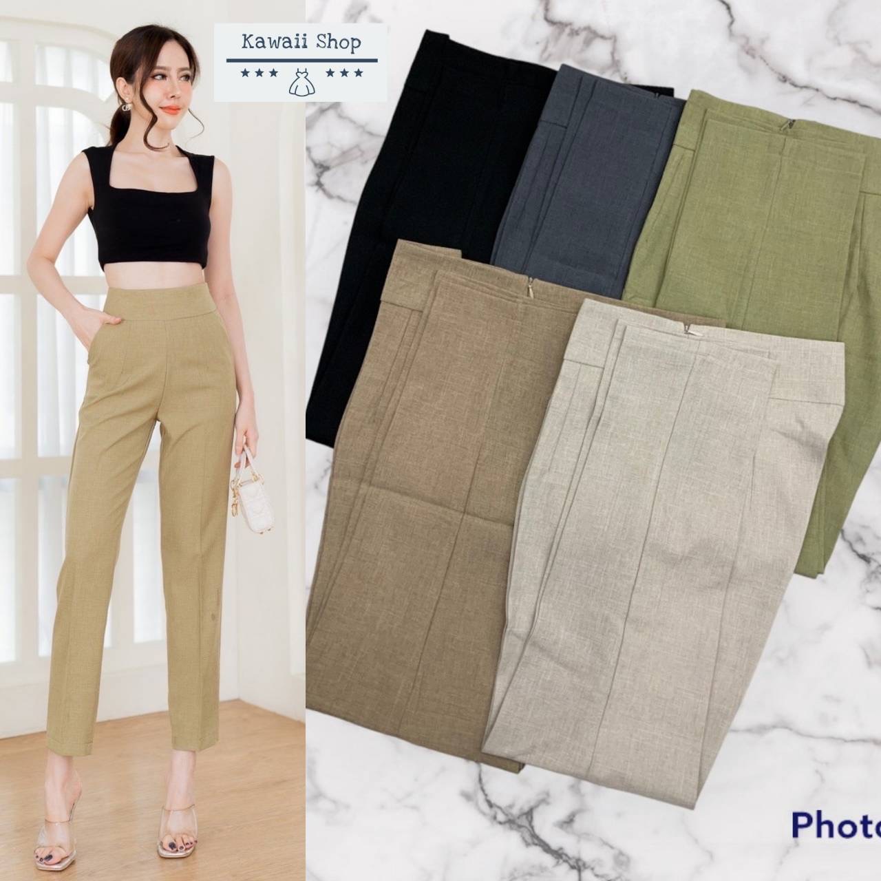 กางเกง*ขายาว8ส่วน ทรงขากระบอกเล็ก มีกระเป๋าข้าง ซิปข้าง ผ้าโซดา ใส่สบาย : สินค้าคุณภาพ (พร้อมส่ง)