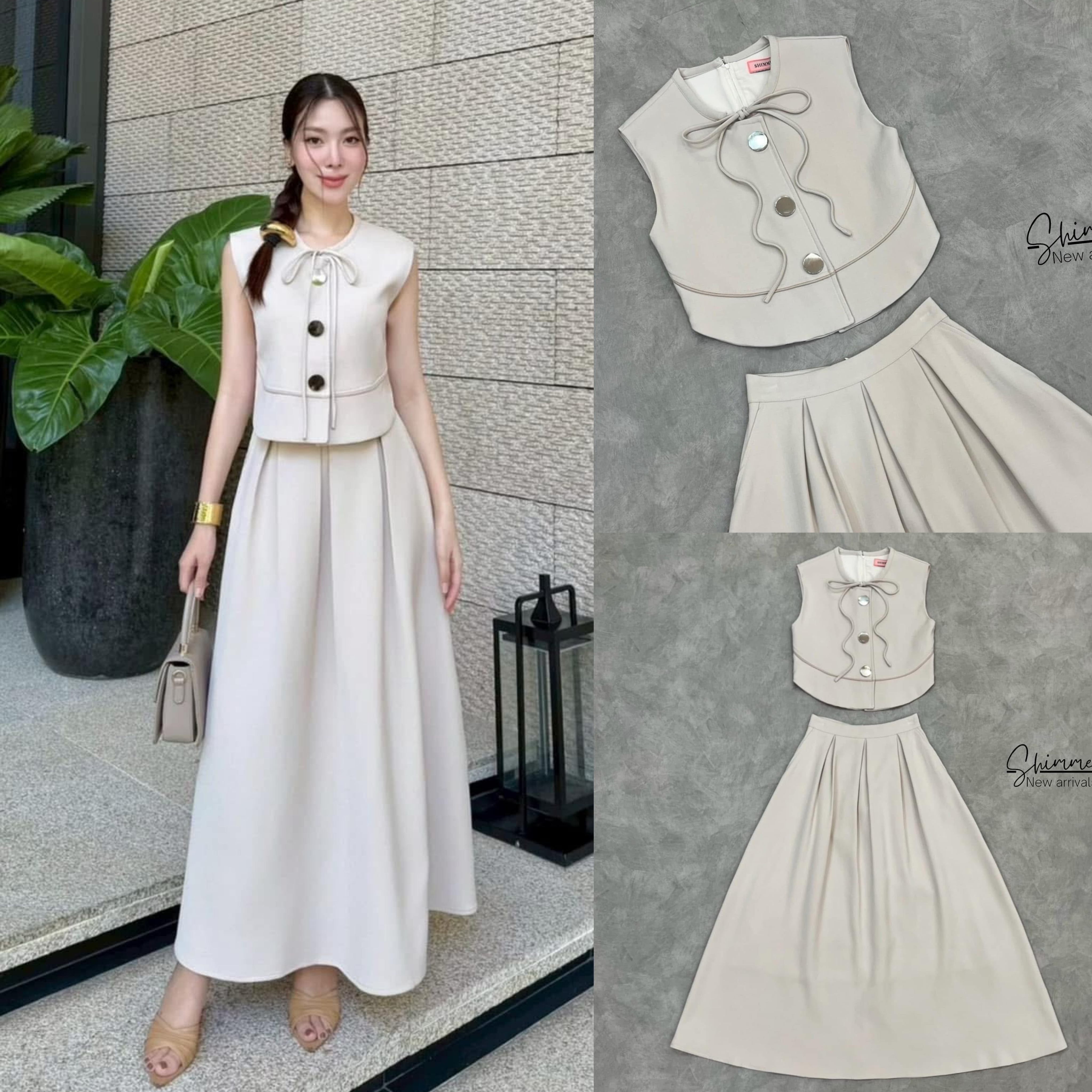 เซตเสื้อดีไซน์สวยแต่งกระดุมแมทช์ กับกระโปรงทรงชิคให้ลุคสวยน่ารัก ใส่สบาย : สินค้าคุณภาพ (พร้อมส่ง)