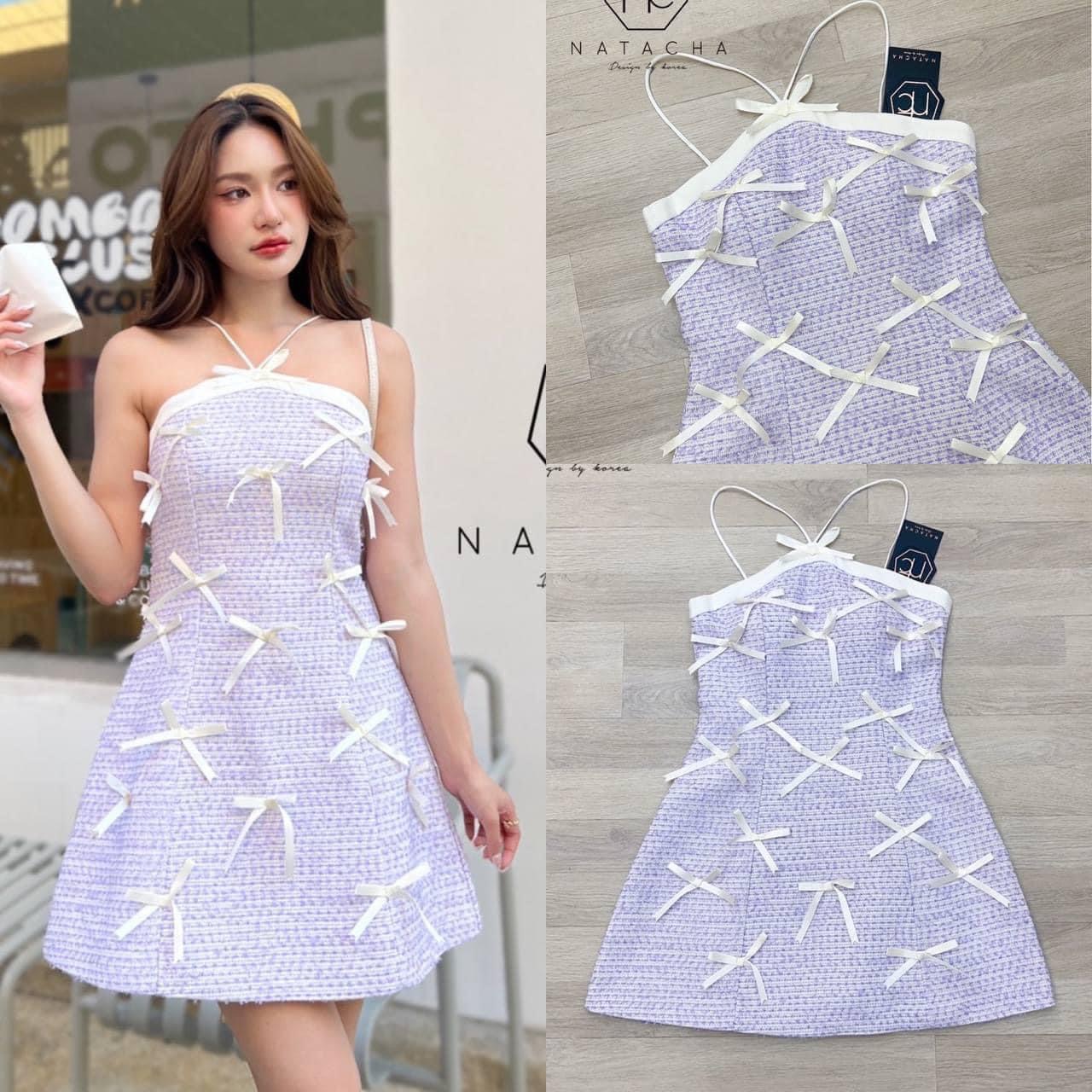 ชุดใส่วาเลนไทน์แบบหวาน อมเปรี้ยวมาแล้วค่า เดรสไหล่ล้ำสาย สปาเก็ตตี้ เนื้อผ้าทวิสอย่างดีสีโทนม่วง ติดโบว์แน่นๆทั้งชุด ใส่สบาย สินค้าคุณภาพ (พร้อมส่ง)