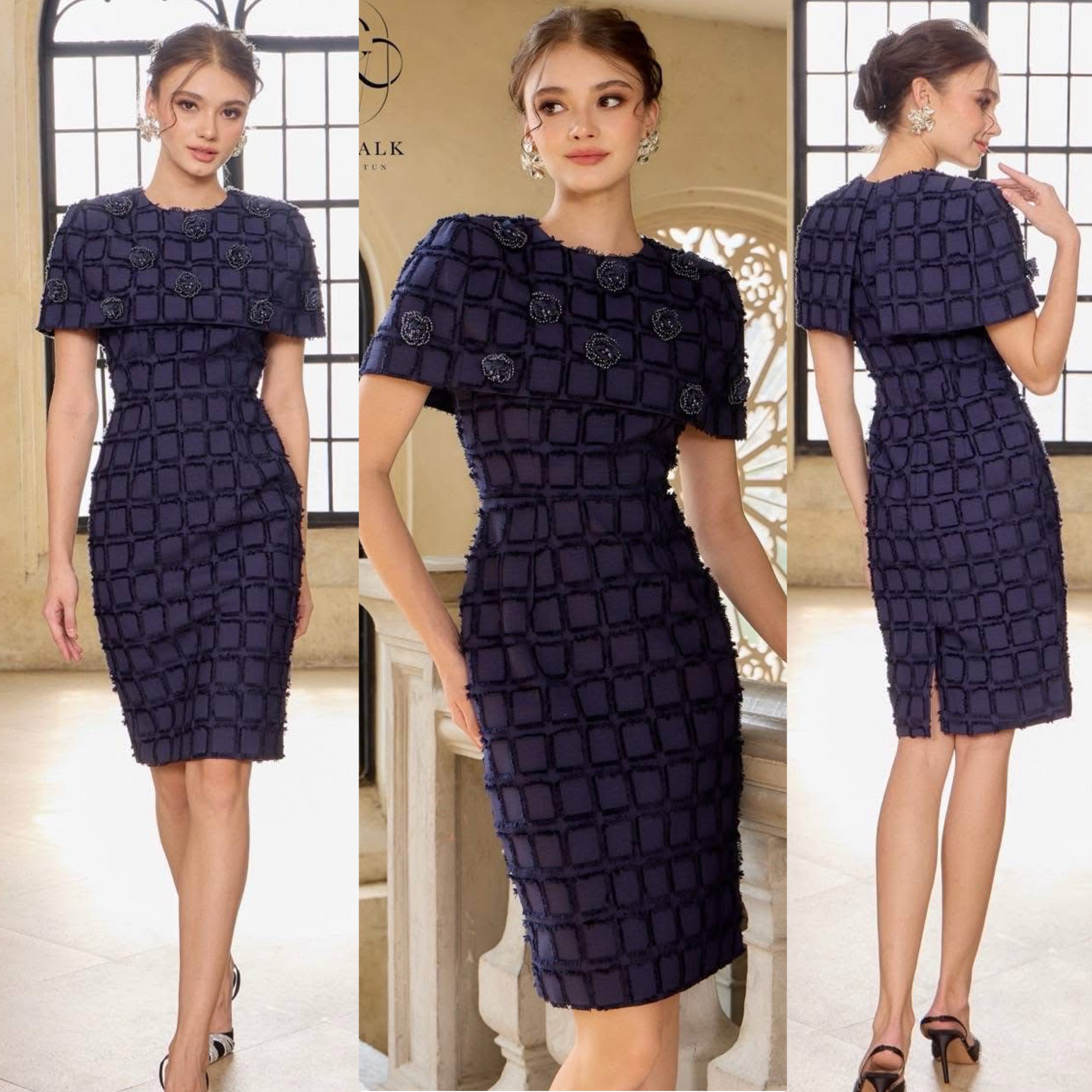 เดรสผ้าทอคลุมไหล่แต่ดอกไม้ เนื้อผ้าทอลายตารางเกรดเอ เนื้อนุ่มใส่สบาย ตัวชุดเป็นทรงเข้ารูป ใส่สบาย : สินค้าคุณภาพ (พร้อมส่ง)