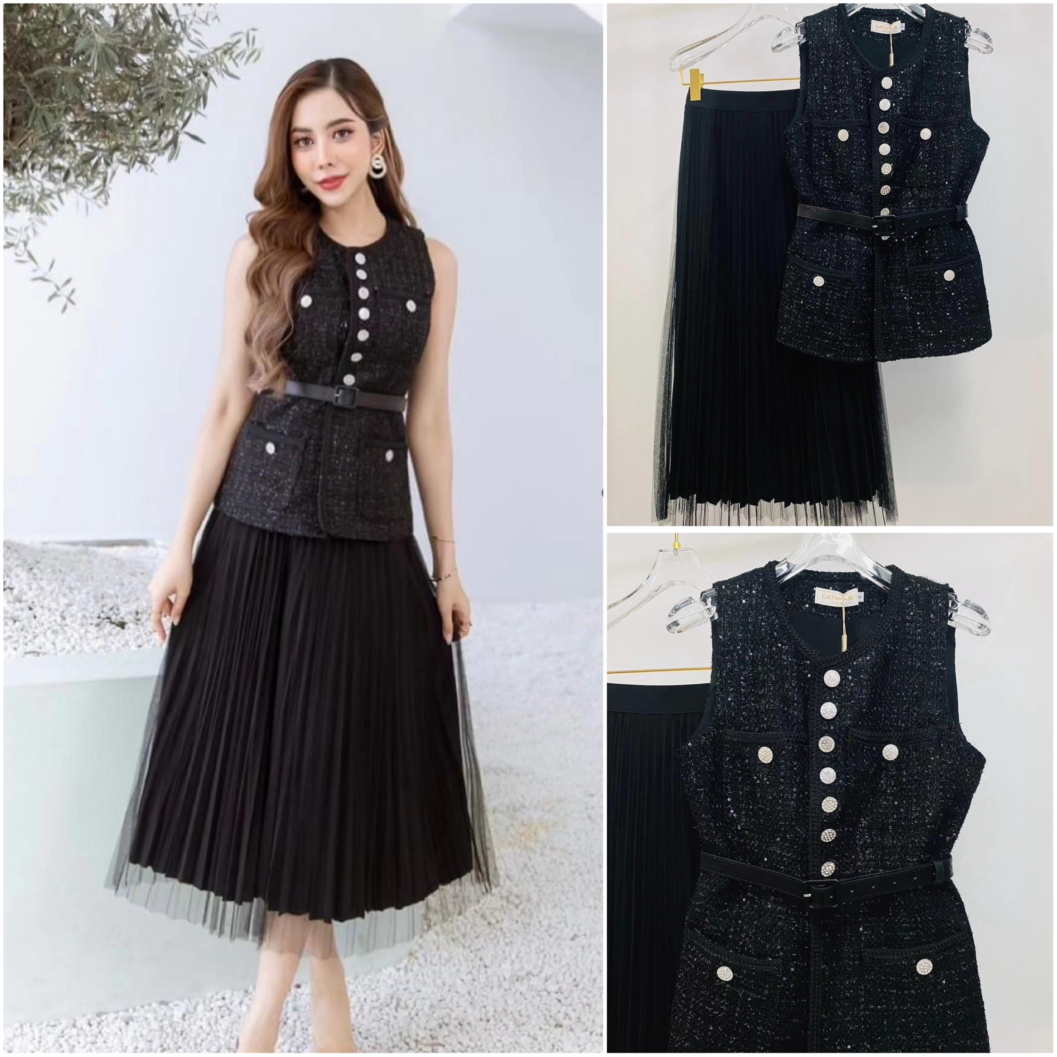 เซตเสื้อผ้า ทวิตกระดุมเพชร+กระโปรงผ้าตาข่ายอัดพลีท เนื้อผ้าทวิตเกรดเอ ใส่สบาย สินค้าคุณภาพ (พร้อมส่ง)