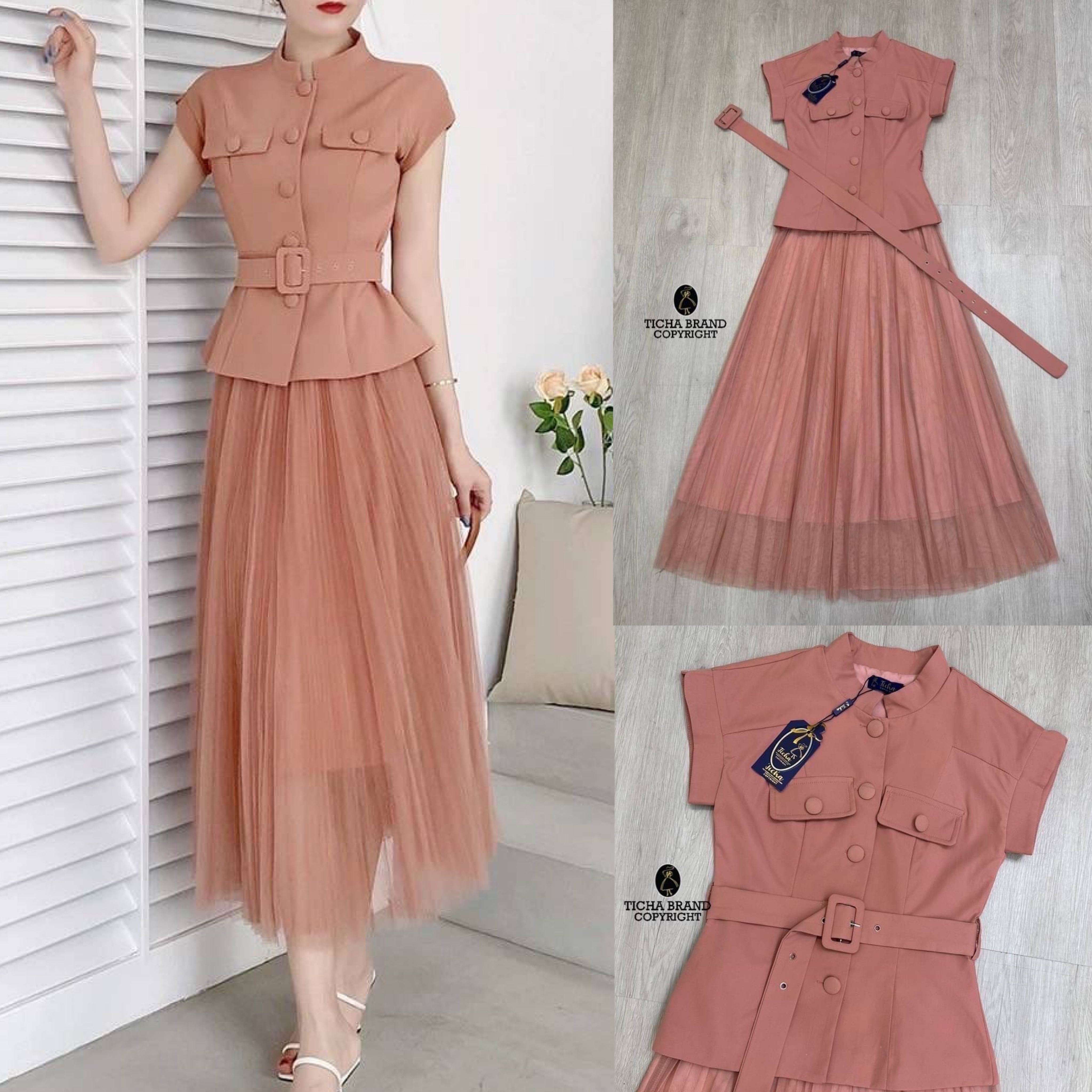 Set 2ชิ้น สีส้มอิฐเสื้อแขนล้ำคอจีน ทรงเข้ารูปสวยมีเข็มขัดผ้าให้ด้วย มาพร้อมกระโปรงผ้ามุ้งอัดพรีทพริ้วใส่สบาย งานซิปหลัง เย็บซับในอย่างดี สินค้าคุณภาพ (พร้อมส่ง)