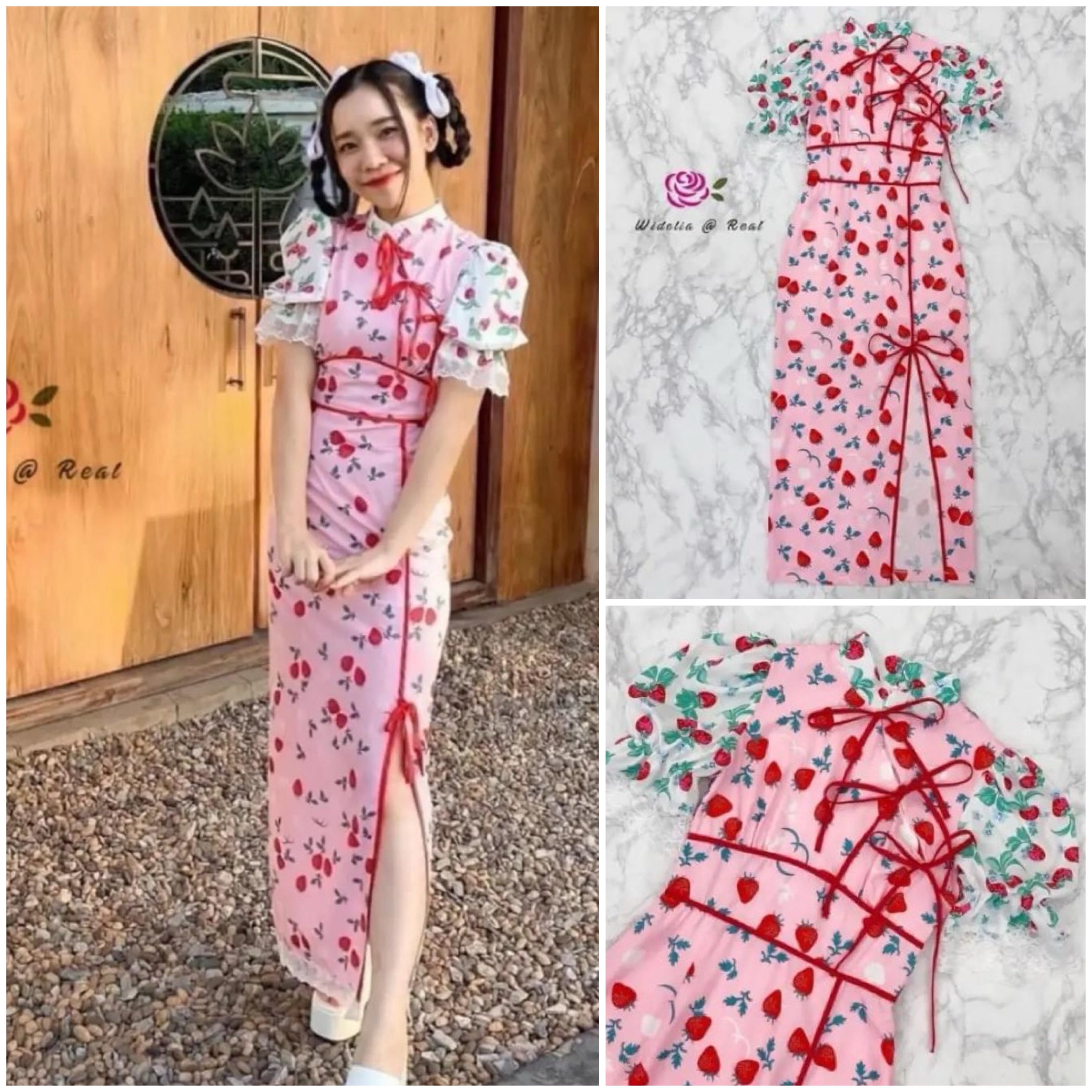 Dress เดรสกี่เพ้าตัวยาวแสนสวยช่วงแขน พองสลับสี ตัวเดรสกุ๊นขอบแดง ชายเดรสผ่าข้าง ใส่สบาย สินค้าคุณภาพ (พร้อมส่ง)