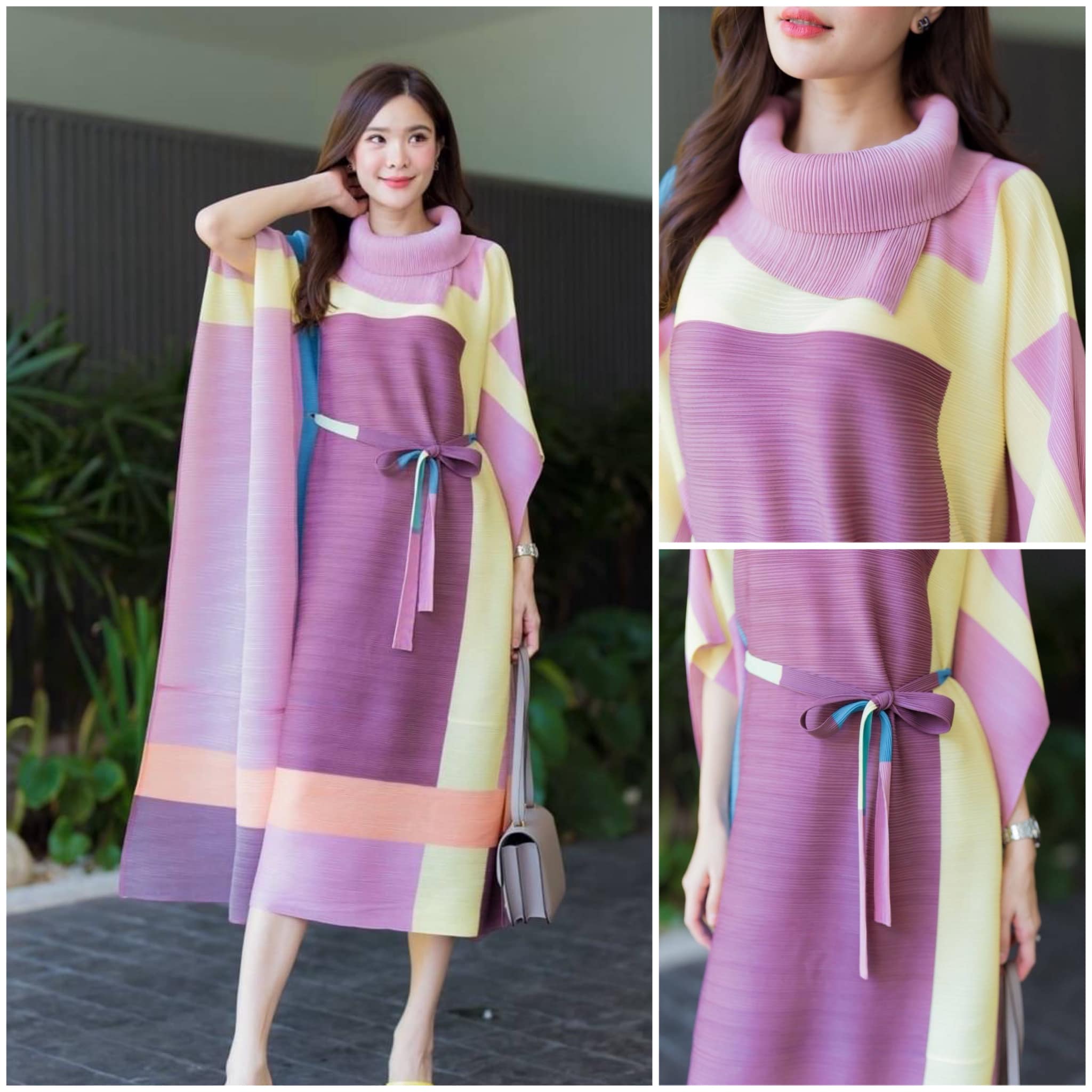 เดรสอัดพลีท ปกใหญ่ คอตั้งเฉลียง ทรงแขนผีเสื้อ 🦋 แต่งสายคาดเอว แพตเทิร์นดีงามมว้าก ใส่สบาย สินค้าคุณภาพ (พร้อมส่ง)