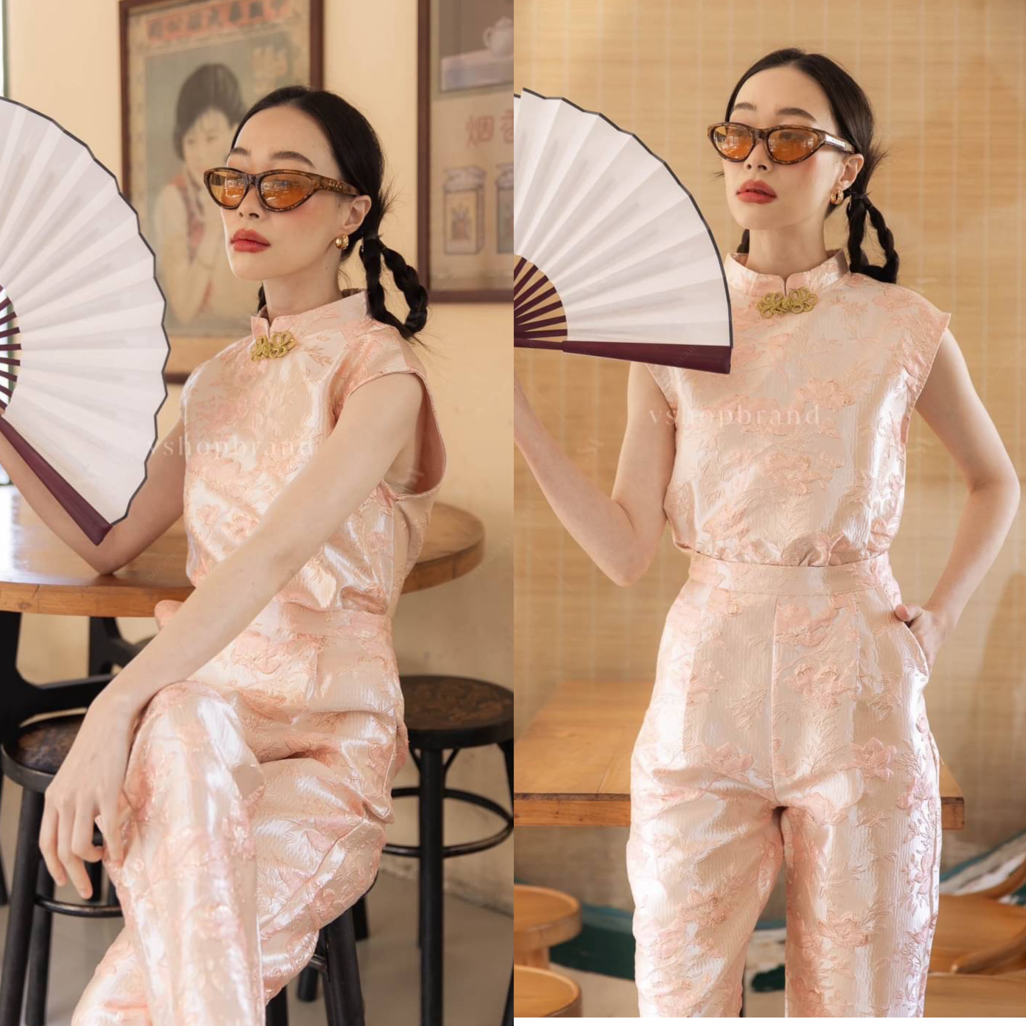 Set กี่เพ้าเสื้อแขนกุดผ้าทอ ลายดอกโบตั๋น + กางเกงขายาว ใส่สบาย : สินค้าคุณภาพ (พร้อมส่ง)