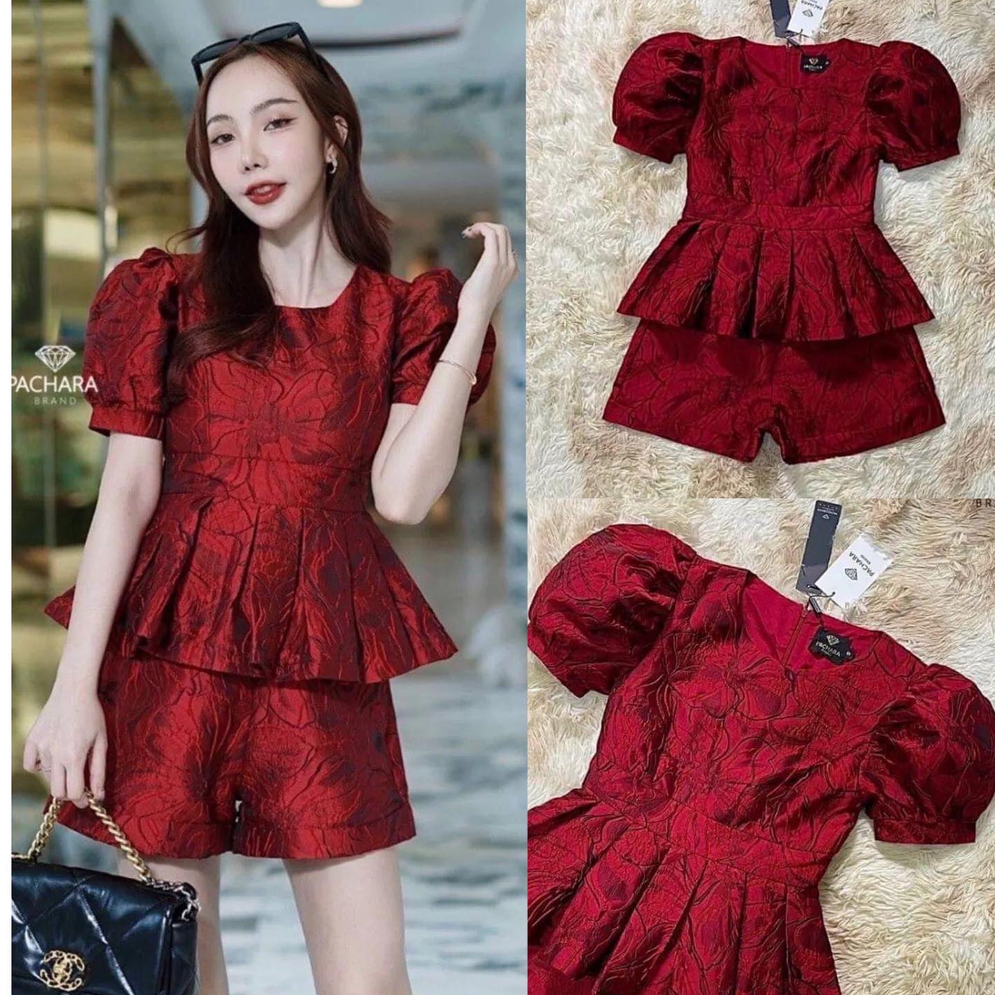 เซ็ต 2 ชิ้น เสื้อแขนตุ๊กตาจับจีบพอง สีแดงเข้ม ชายเสื้อแต่งระบายจีบรอบตัว เนื้อผ้า หนาทอลายดอกไม้สวยมาก แมทช์คู่กับกางเกง ขาสั้นเอวสูง งานซิปด้านหลัง มีซับในอัดกาว อย่างดี : สินค้าคุณภาพ (พร้อมส่ง)