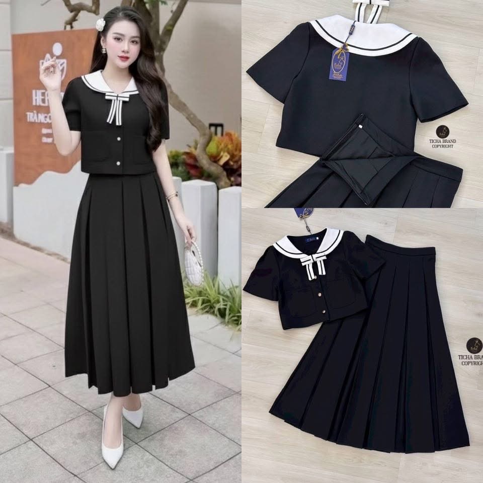 ชุดเซต2ชิ้น เสื้อครอปแขนสั้นดีเทลปกกะลาสีแต่งขลิบสีดำ และเข็มกลัดริบบิ้นสีเดียวกันกับปก แต่งกระดุมทอง +กระโปรงยาวจับจีบอัดพลีท (มีซิปข้าง) เย็บซับในอย่างดี ใส่สบาย : สินค้าคุณภาพ (พร้อมส่ง)