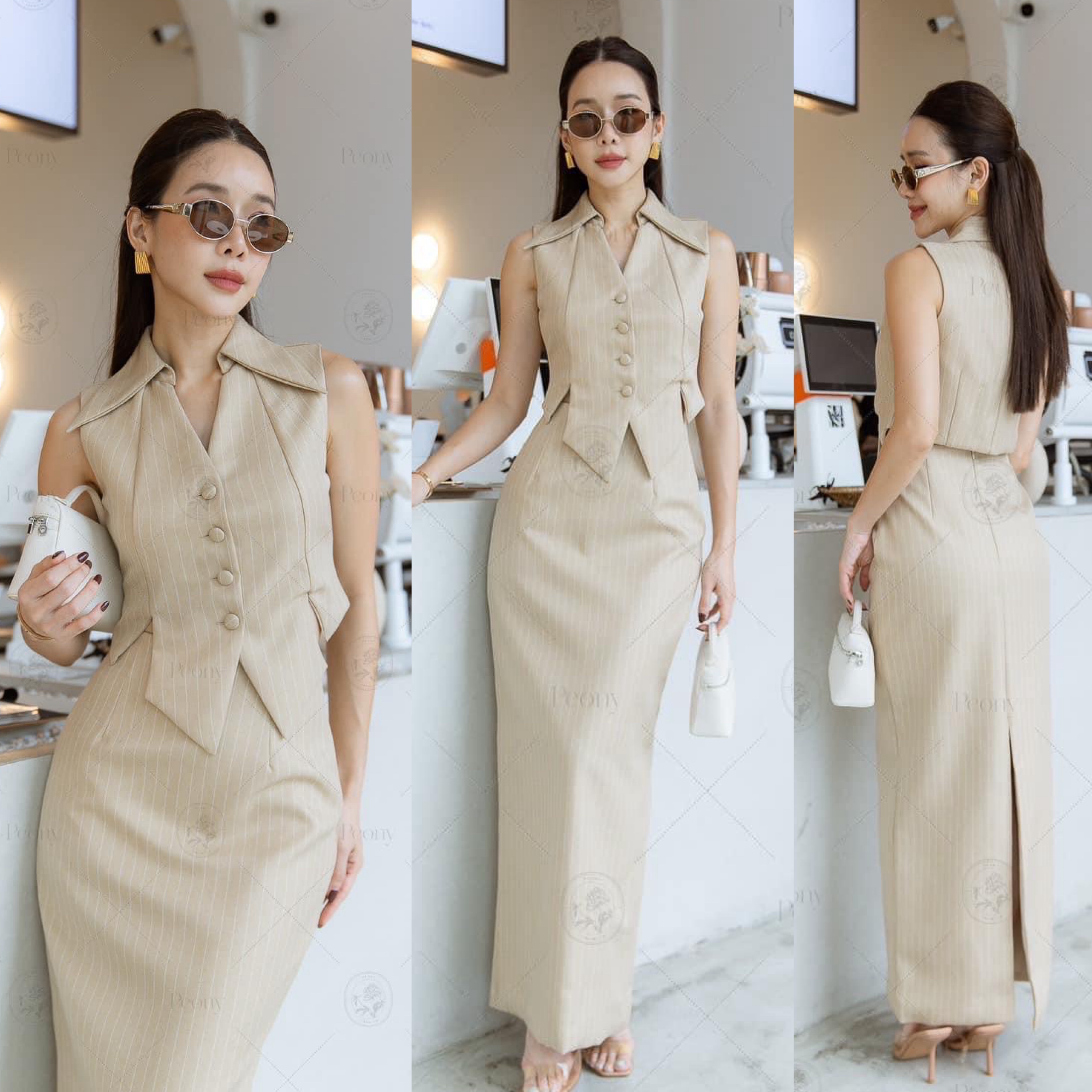 เซต 2 ชิ้น เซตเสื้อกั๊ก เสื้อคอปก กระดุมหน้า เสื้อลายทางปลายคัตเอ้า มาพร้อมกระโปงผ่าหลัง ตัวเสื้อความยาวพอดี บุซับในตัว กระโปรงเอวสูง หลังผ่า ใส่สวย ใส่สบาย : สินค้าคุณภาพ (พร้อมส่ง)