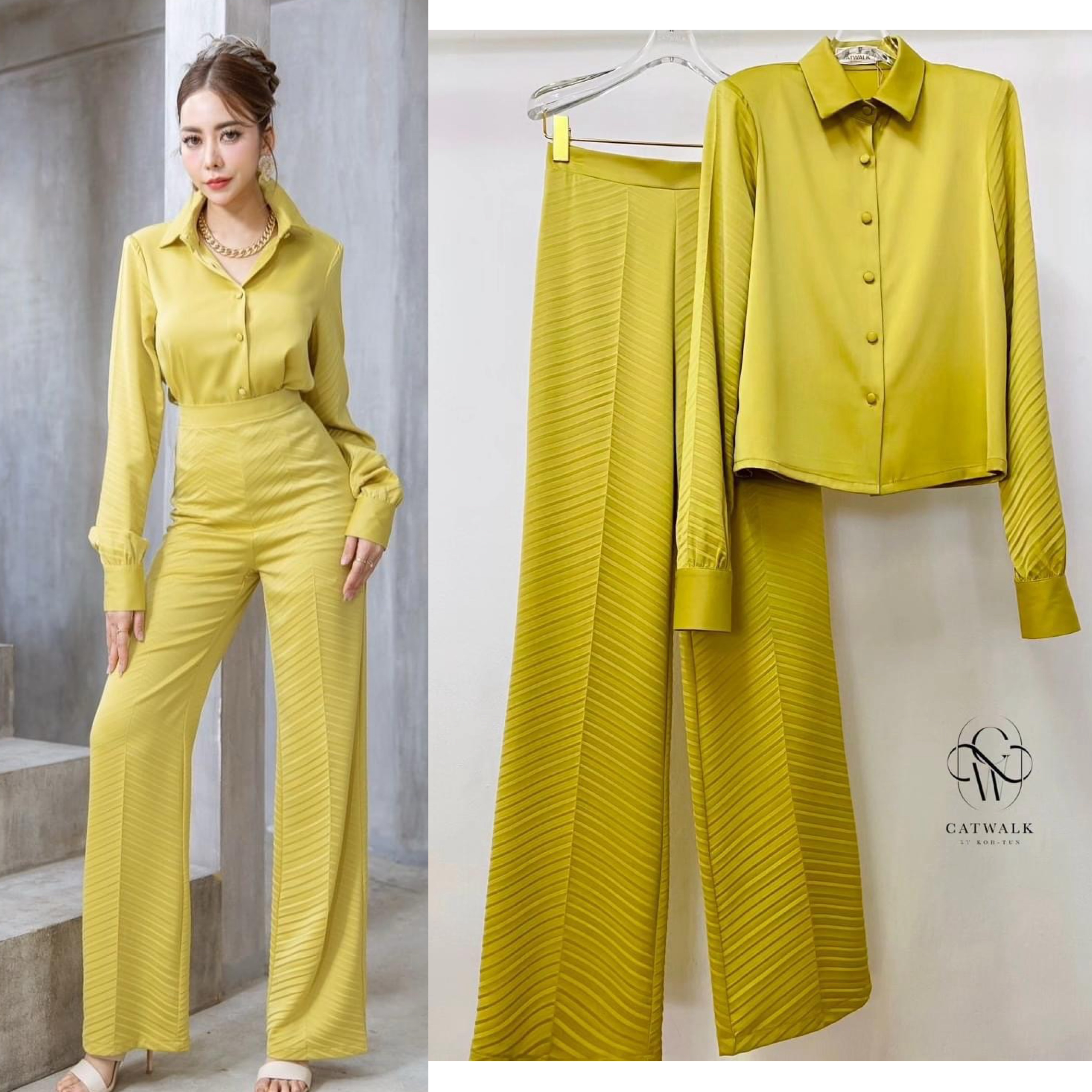 เซตเสื้อเชิ้ตผ้าเครปอัดพลีท+กางเกงทรงสวย เนื้อผ้าเครปกึ่งเงาเกรดเอ ใส่สบาย สินค้าคุณภาพ (พร้อมส่ง)