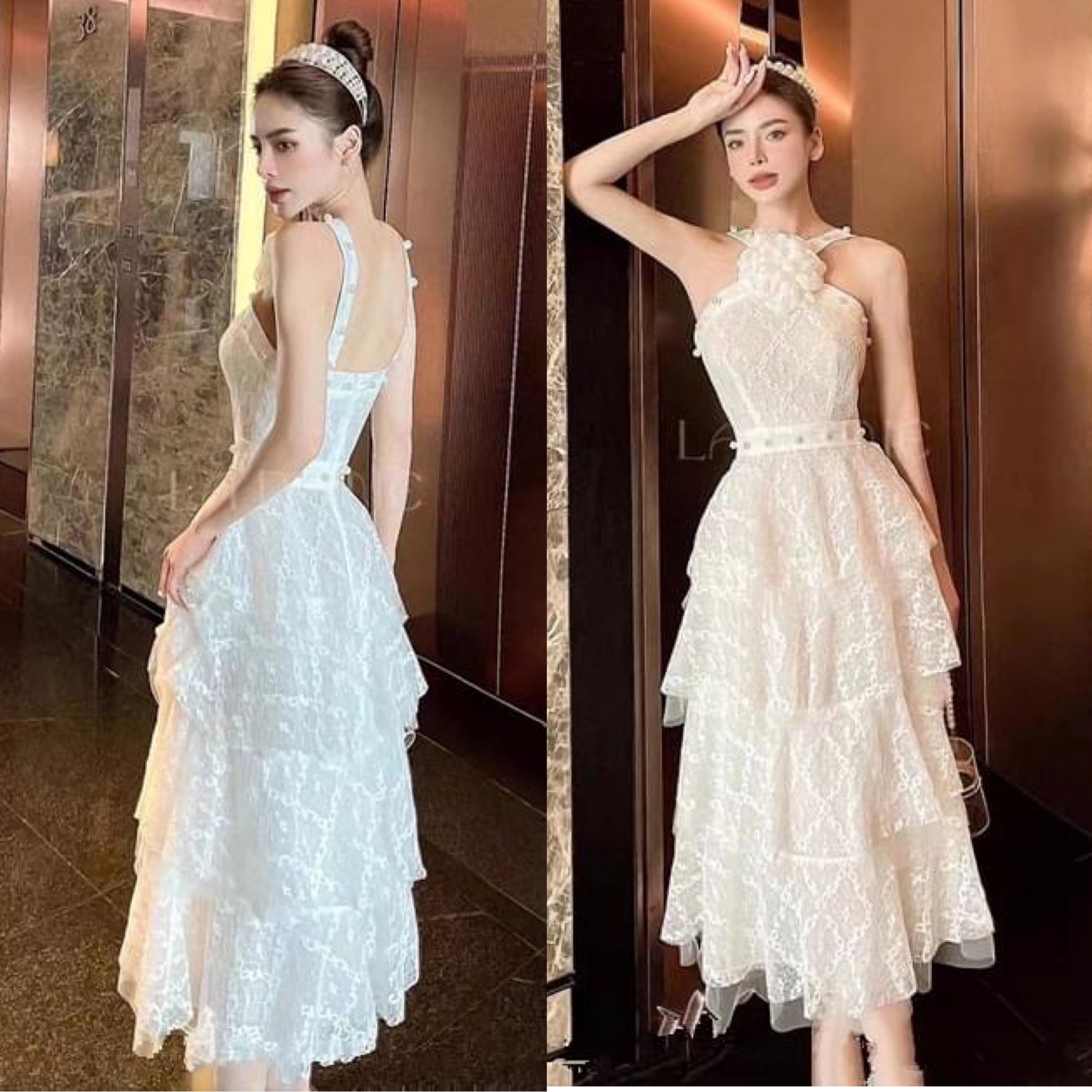 เดรสเสื้อสายเดี่ยวกระโปรงต่อชายระบาย4ชั้น สินค้าคุณภาพ (พรอมส่ง)