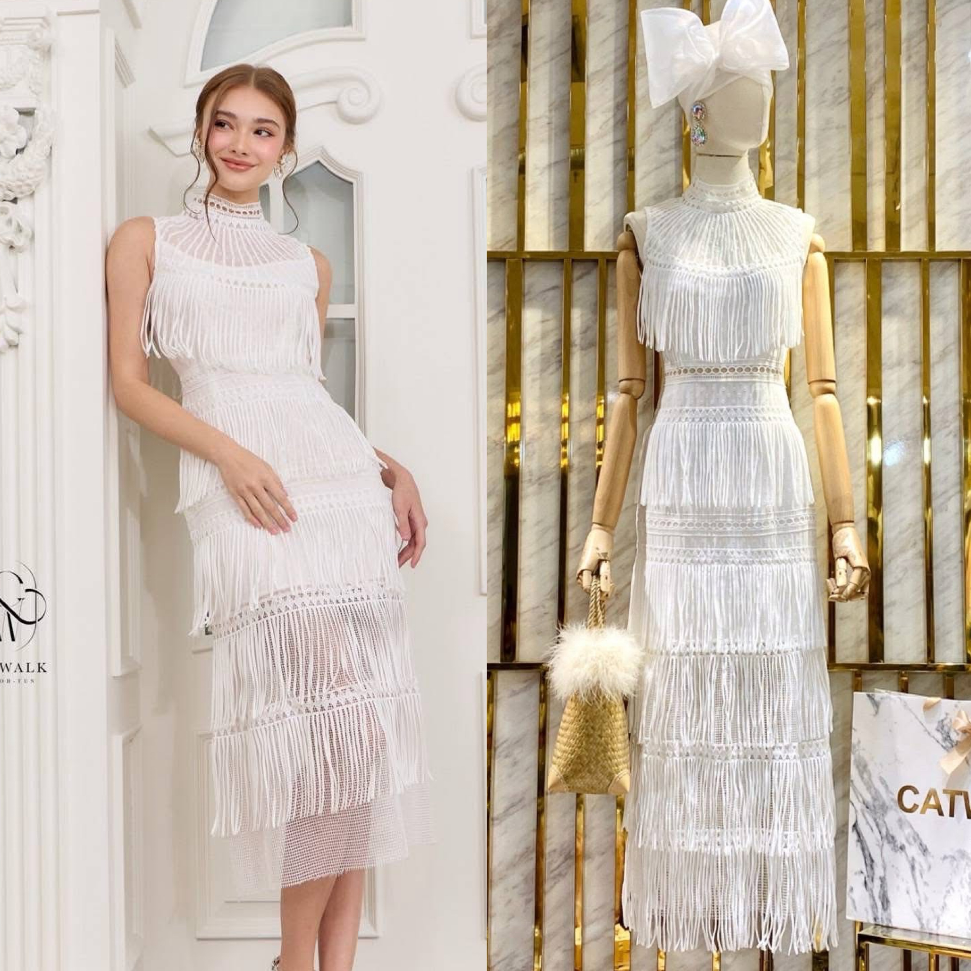 แม็กซี่เดรสผ้าลูกไม้ทอพู่รอบตัว เนื้อผ้าสั่งทอพิเศษ ตัวเดรสเป็นทรงเข้ารูป ใส่สบาย : สินค้าคุณภาพ (พร้อมส่ง)